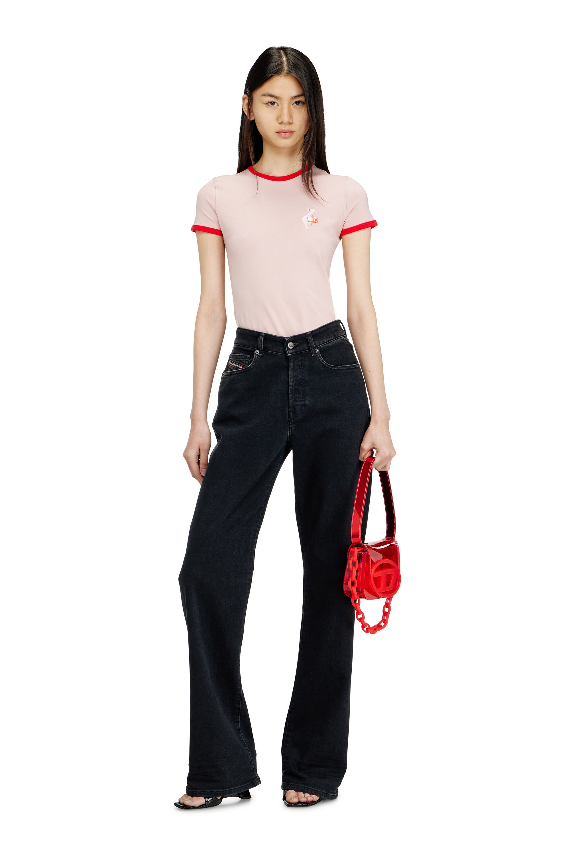 Diesel - T-UNCUTIES-LONG-S12, Female's Slim T-shirt with pig print in Pink - 2