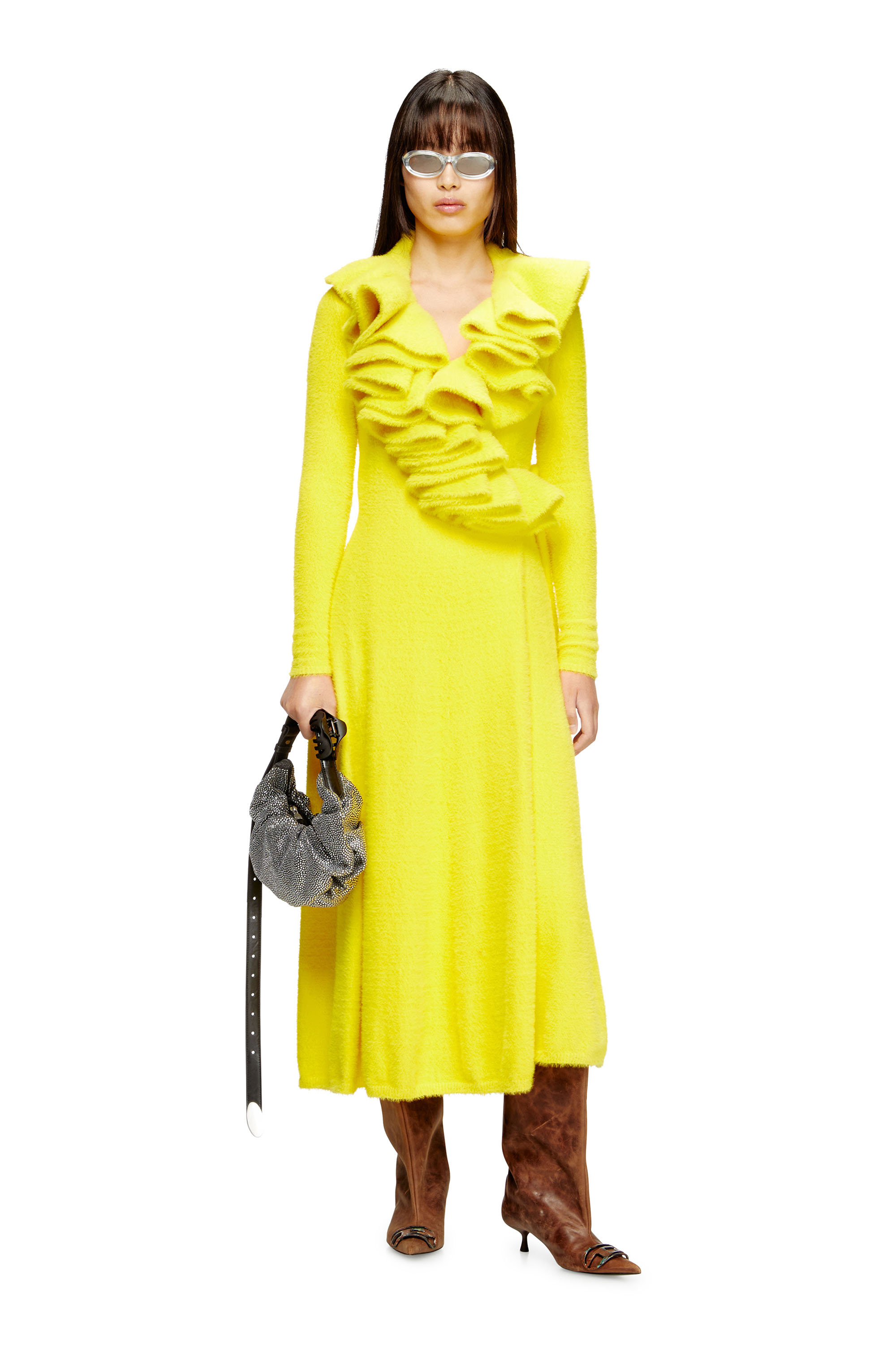 Diesel - M-INGELINA, Woman's Fluffy&nbsp;midi dress&nbsp;with ripple neck in Yellow - 1