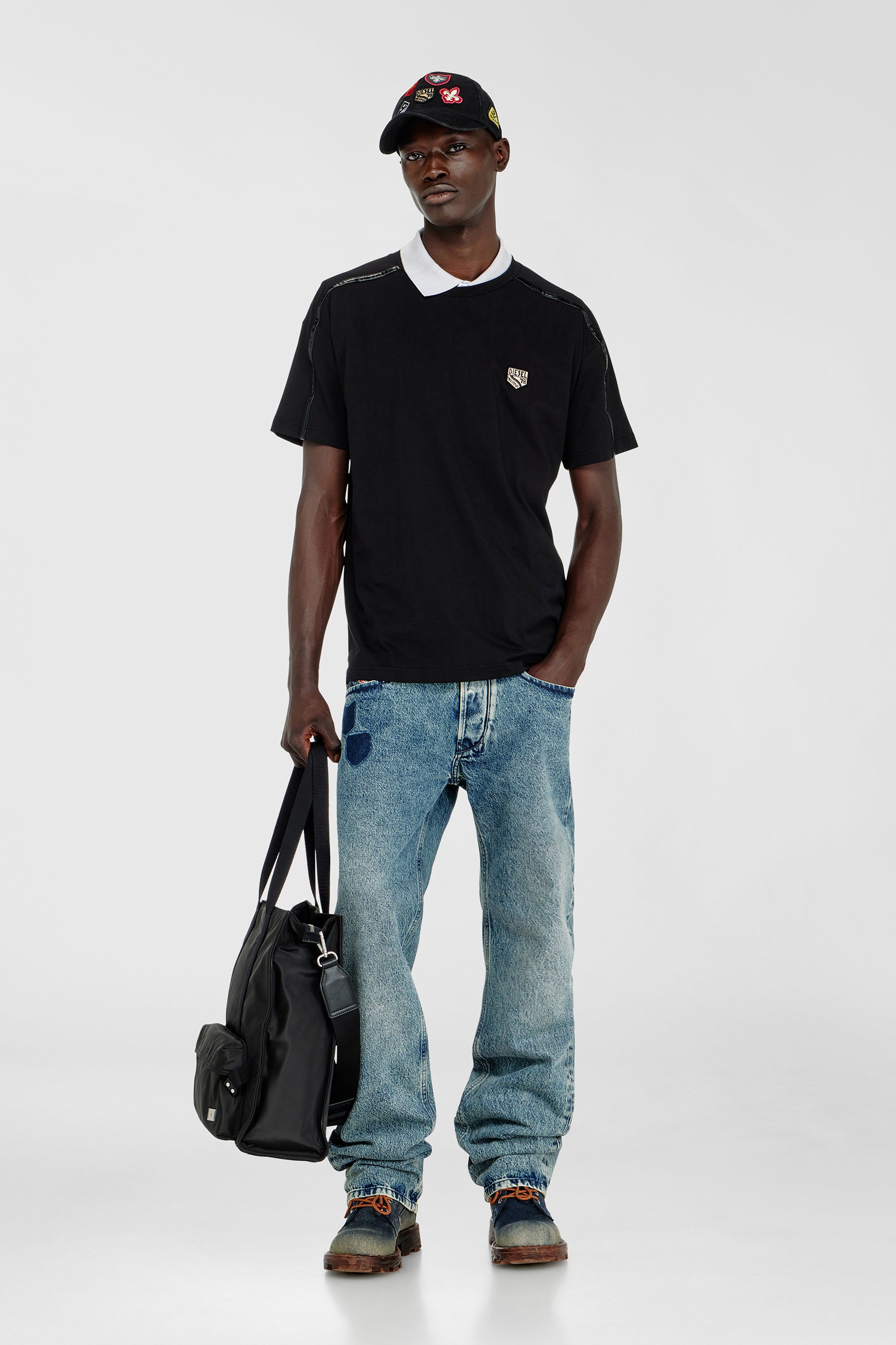 Diesel - T-NORM-FL, Man's T-shirt with contrast trims and logo patch in Black - 1