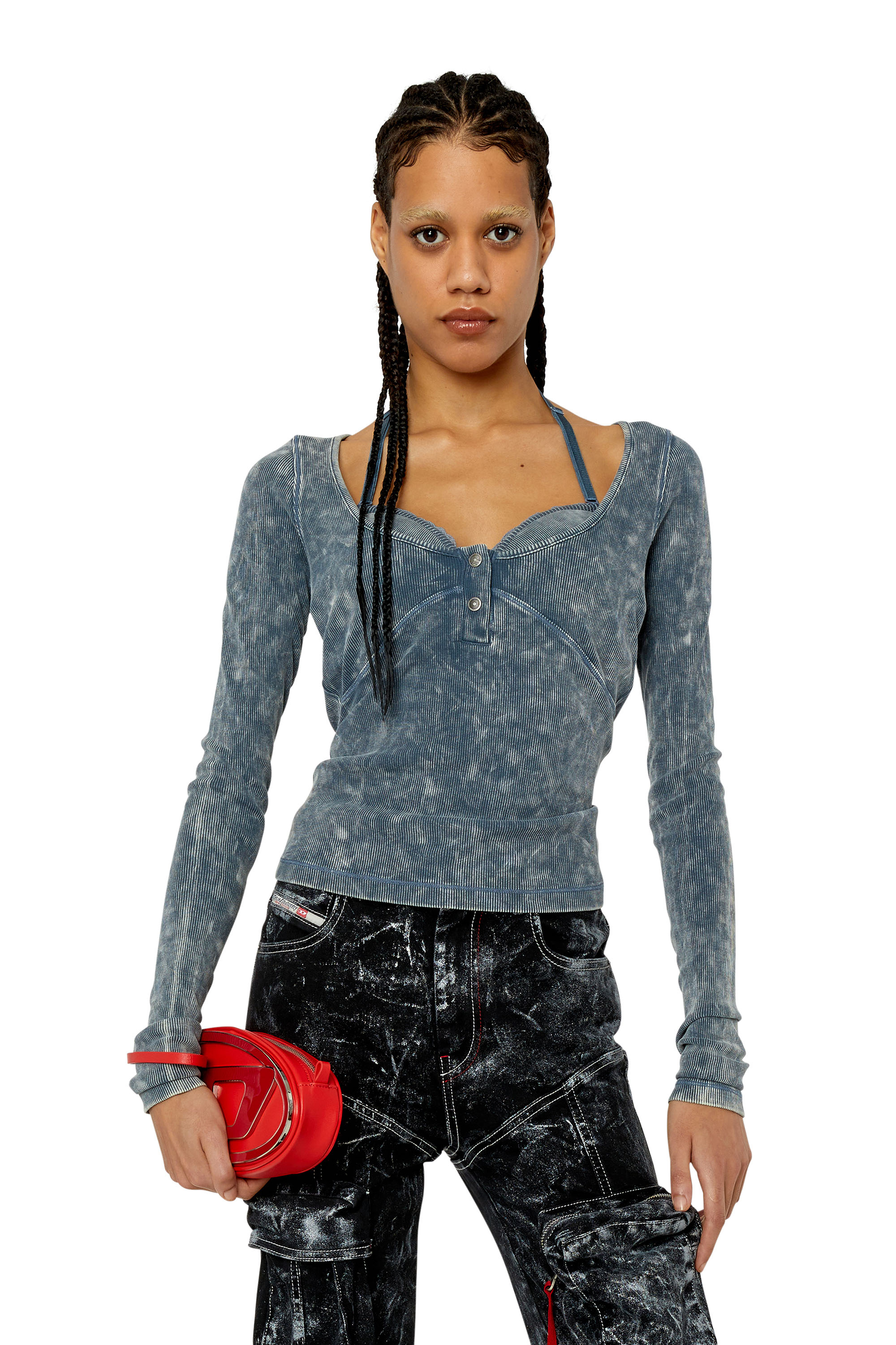 Diesel - T-ANALIE, Female's Long-sleeve top with lace bra in Blue - 3