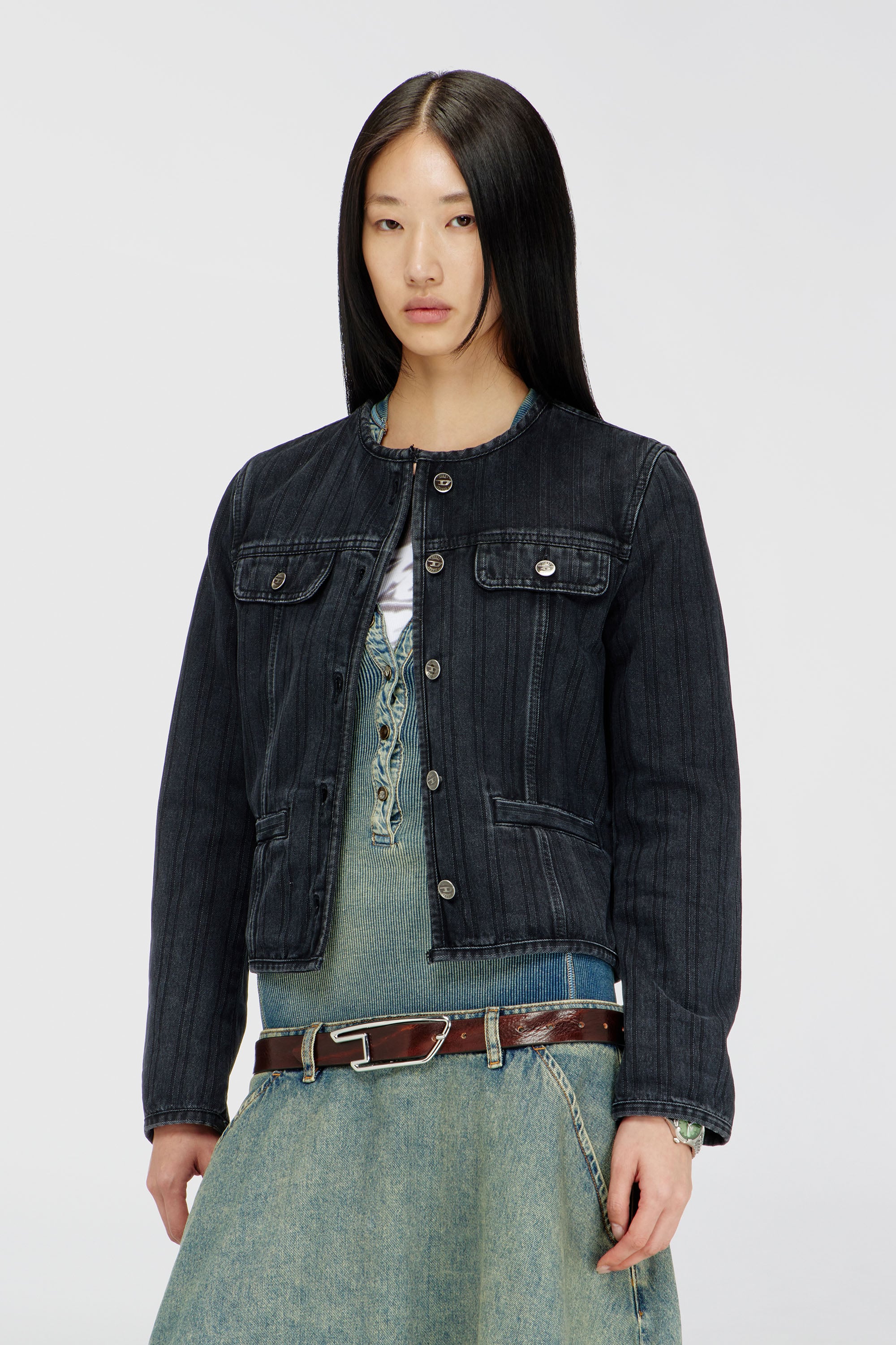 Diesel - DE-GRAFY, Woman's Collarless jacket in pinstripe denim in Black - 3