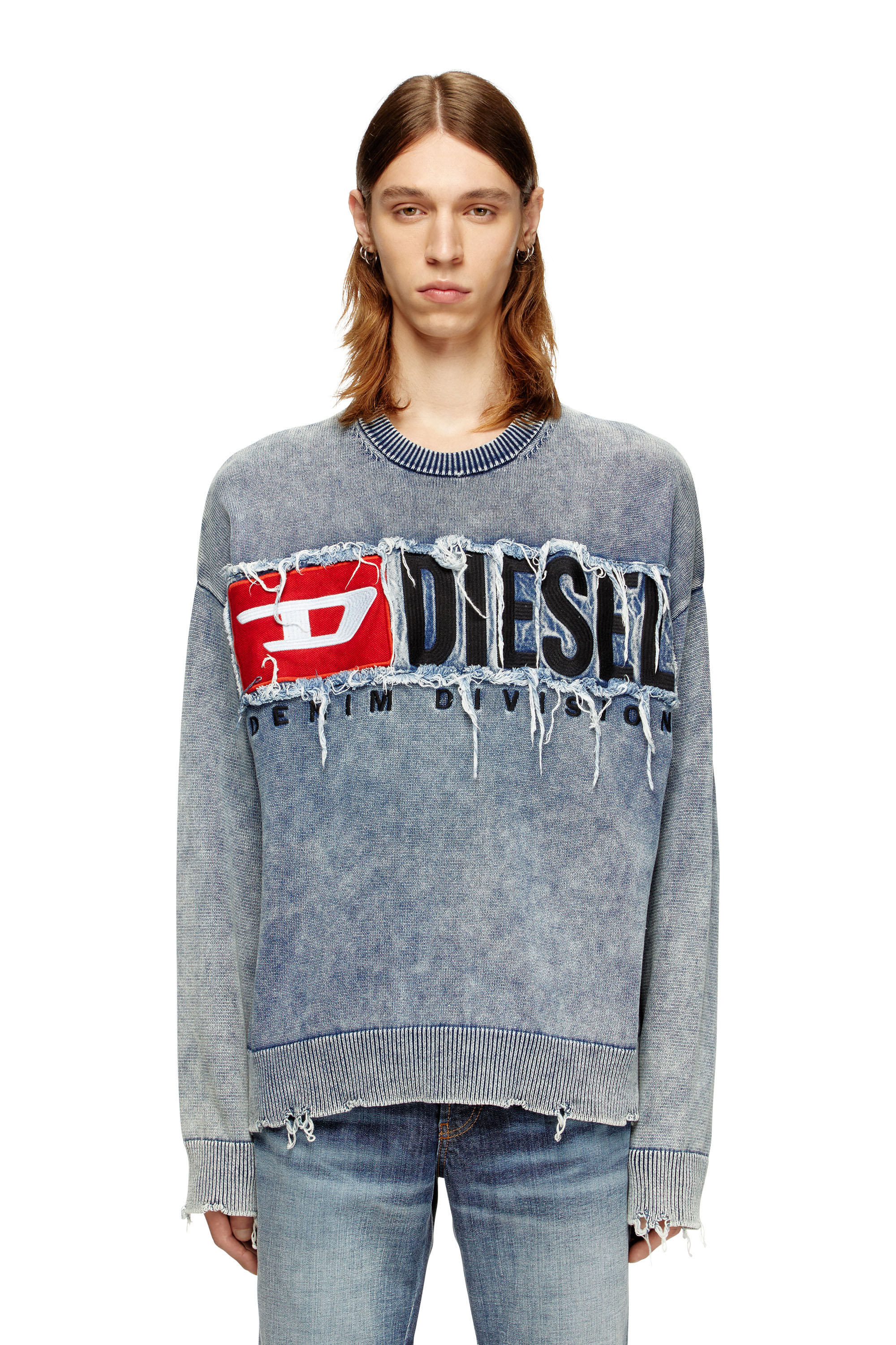 Diesel - K-FRONZI, Pull en coton avec empiècement à logo en denim Homme in Bleu - 3