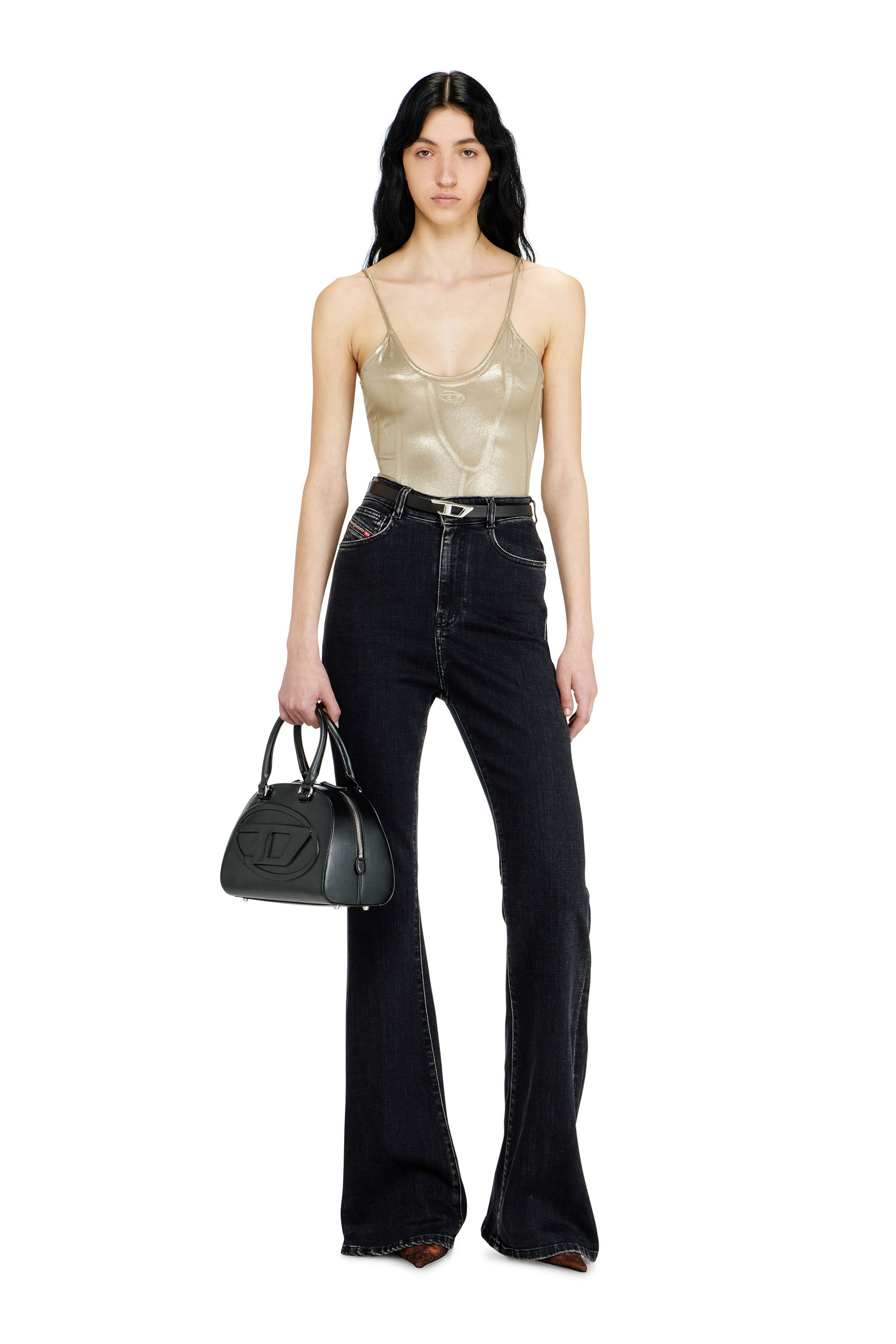 Diesel - T-IMYNY, Woman's Shiny jersey bodysuit with round neck in Beige - 3