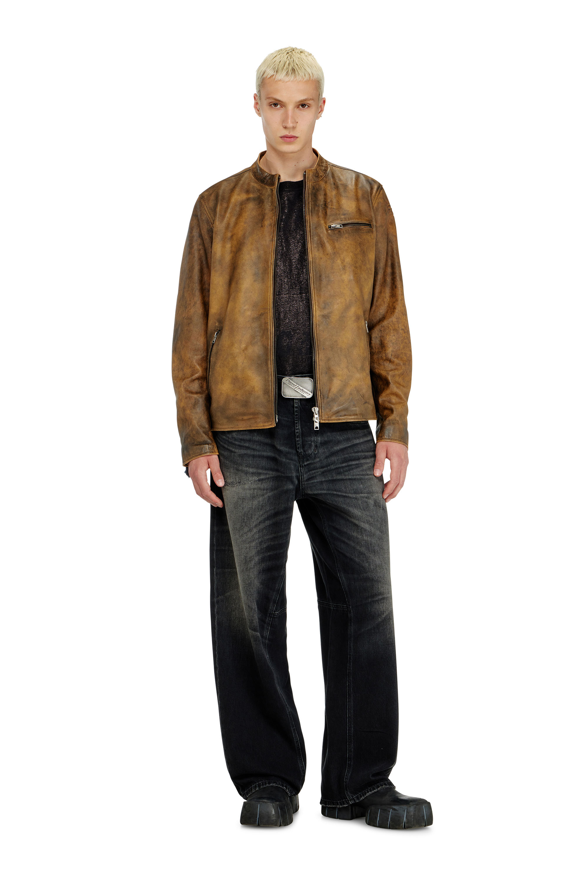 Diesel - L-ZAD-KNCZ, Male's Biker jacket in treated leather in null - 1
