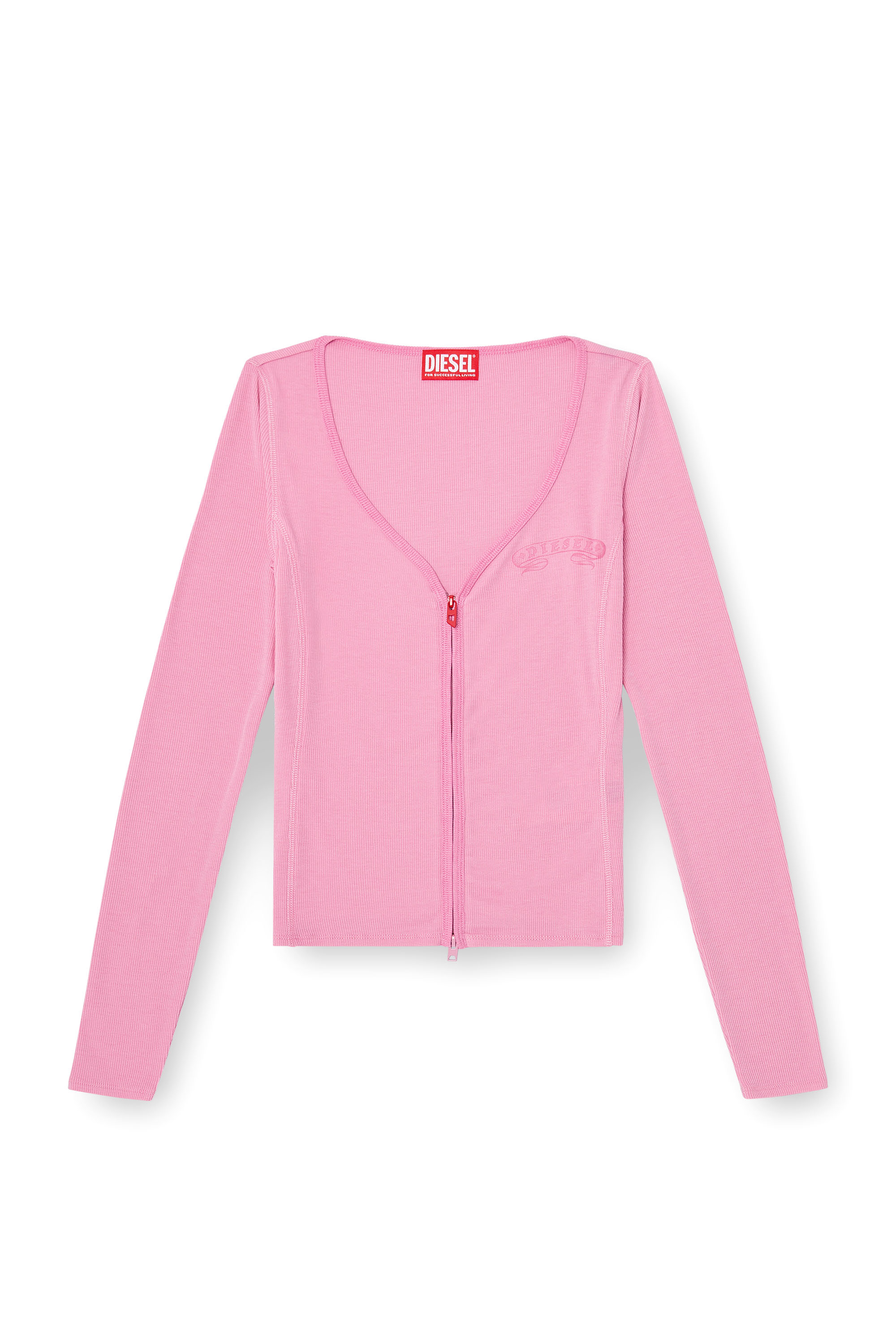 Diesel - T-RIBI-LS-AA1, Top slim de lyocell con cuello en V y zip Mujer in Rosa - 3