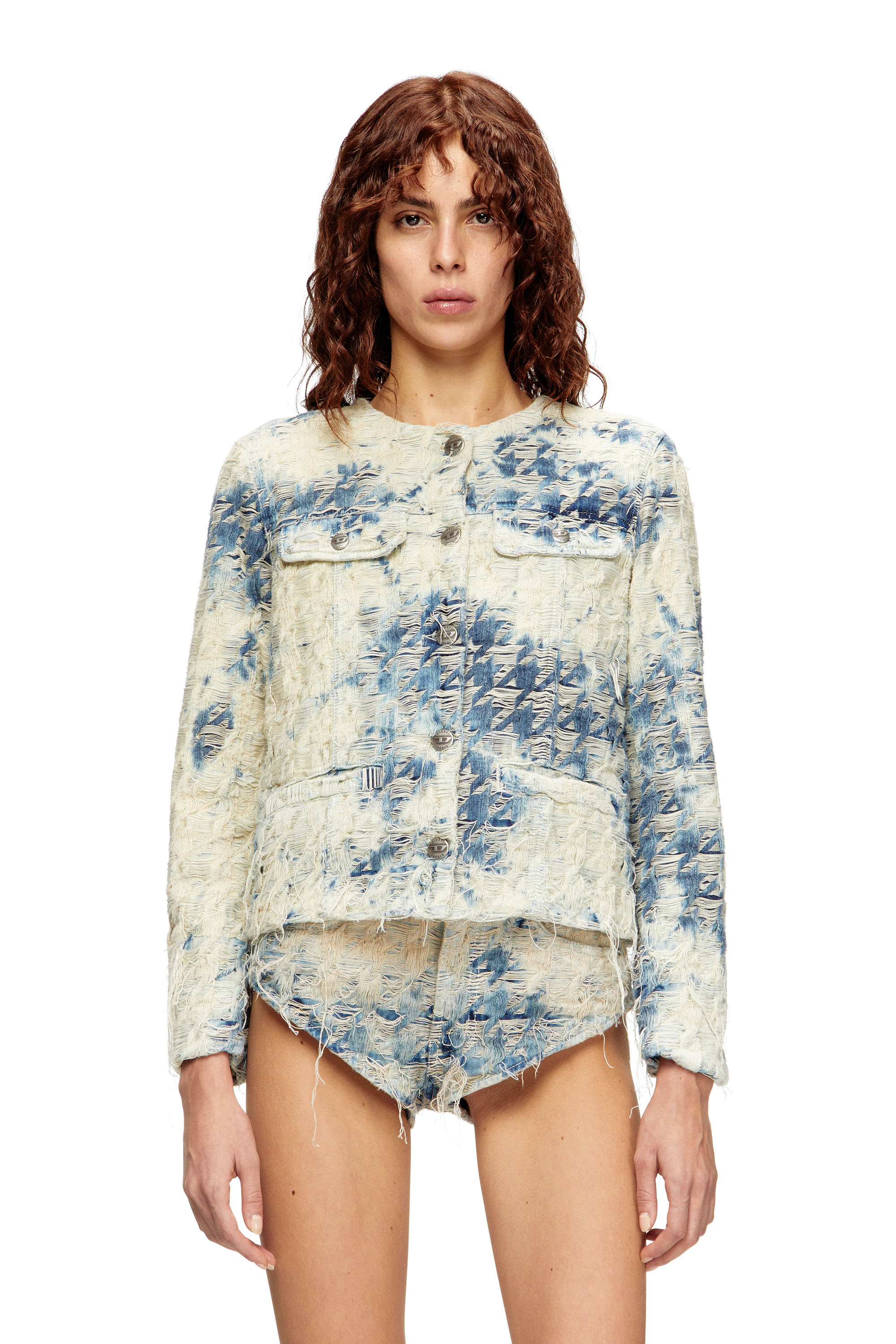 Diesel - DE-GRAFY-FSH, Female's Jacket in houndstooth-weave denim in Blue/White - 1