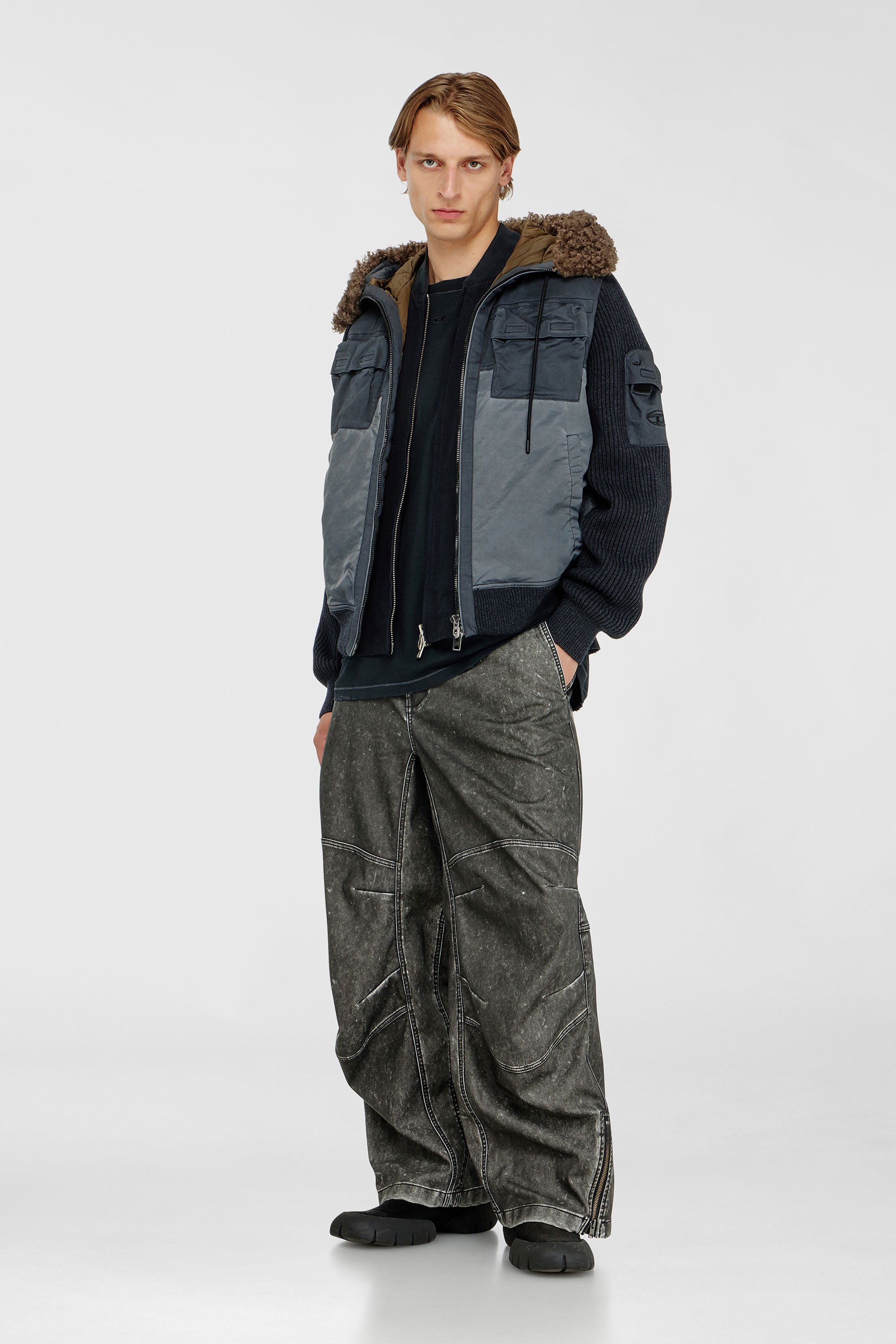 Diesel - W-DELLS, Male's Hooded padded jacket with knitted sleeves in Dark Blue - 1