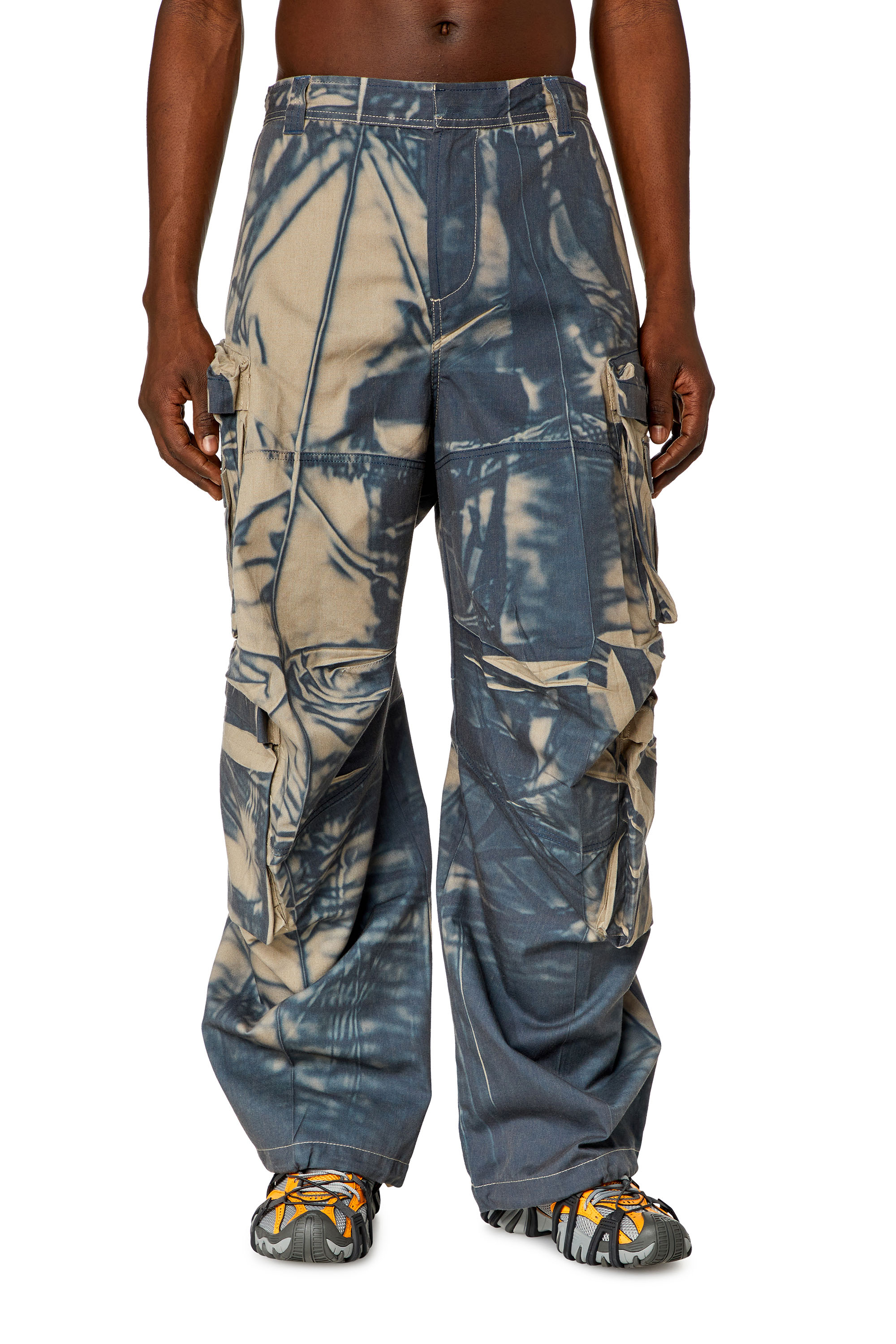 Diesel - P-HUGH, Man's Cargo pants with creased-effect print in Blue/Beige - 3