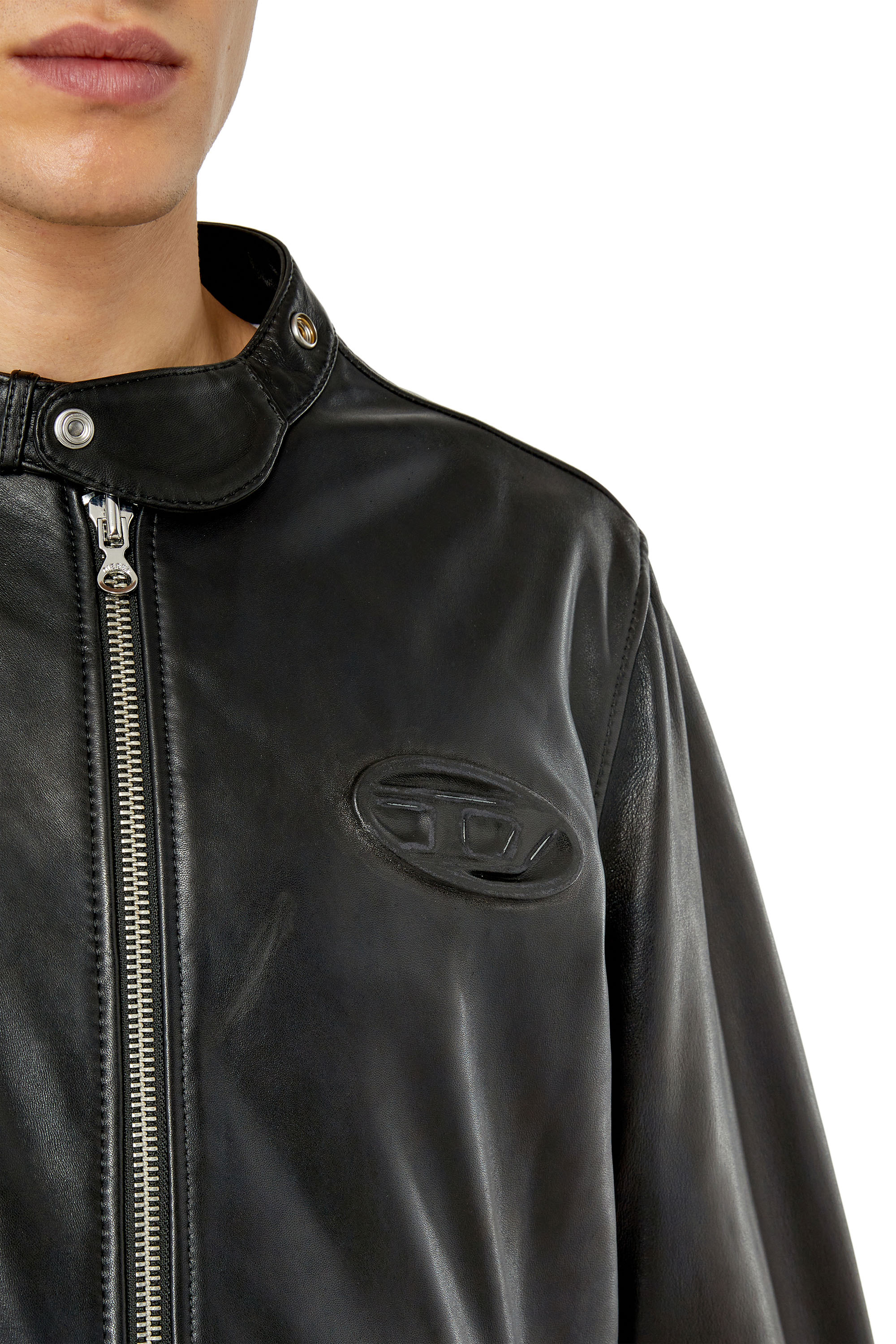 L-METAL Man: Leather biker jacket with logo plaque | Diesel