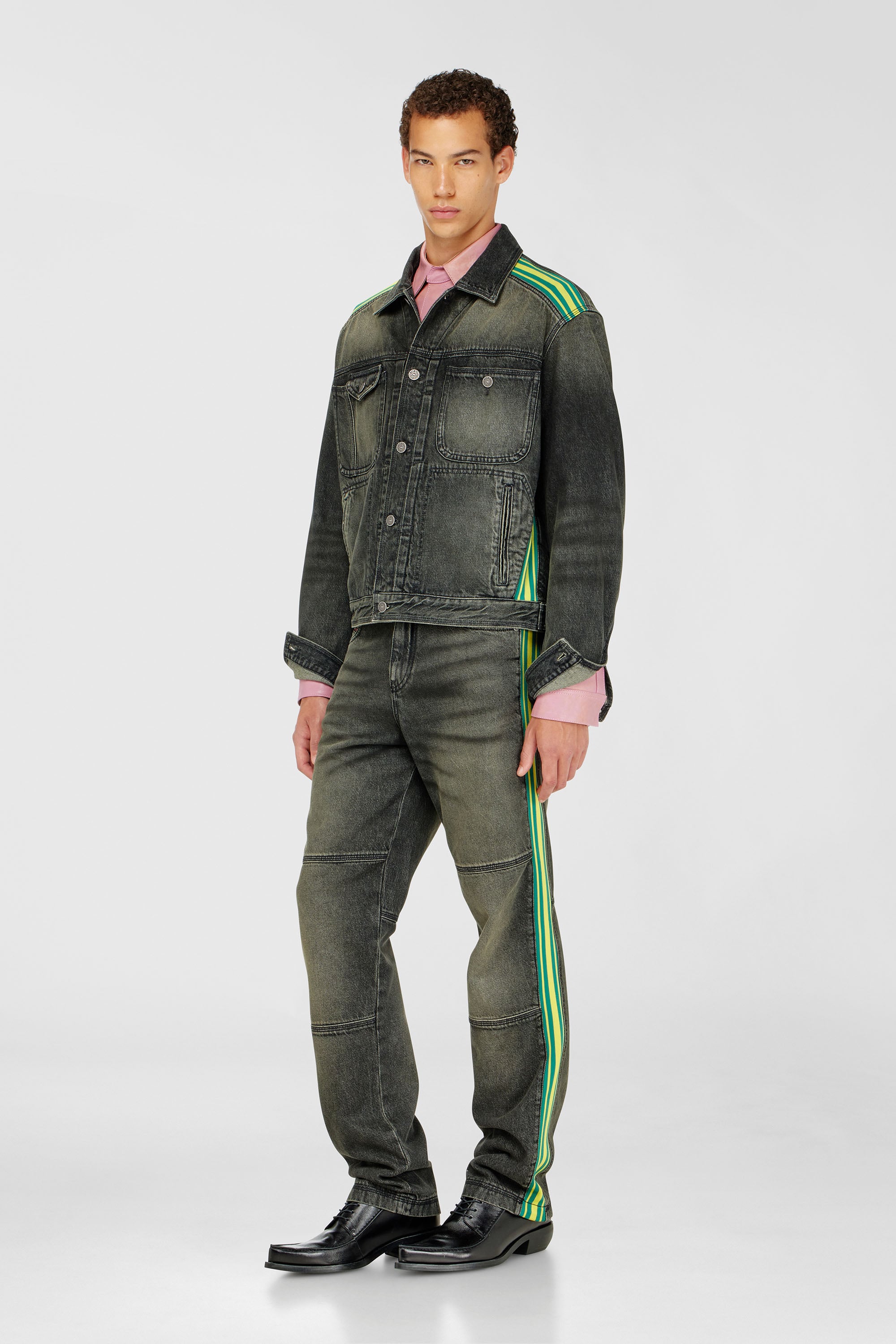Diesel - D-BAS-FSJ1, Male's Trucker jacket with striped shoulder bands in Dark Grey - 2