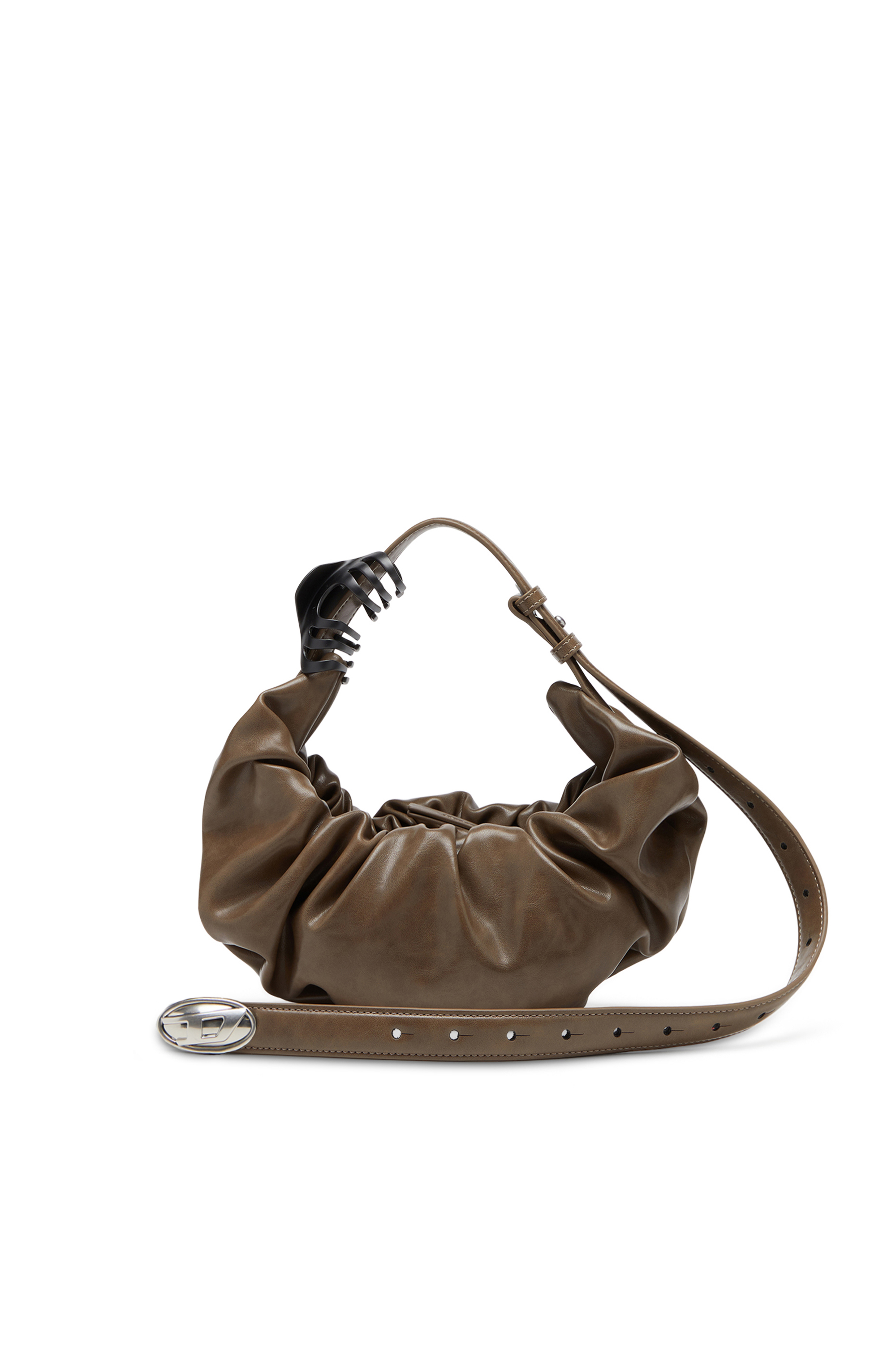 Diesel - GRAB-D HOBO S, Bolso hobo pequeño fruncido en PU brillante Mujer in Marrón - 1