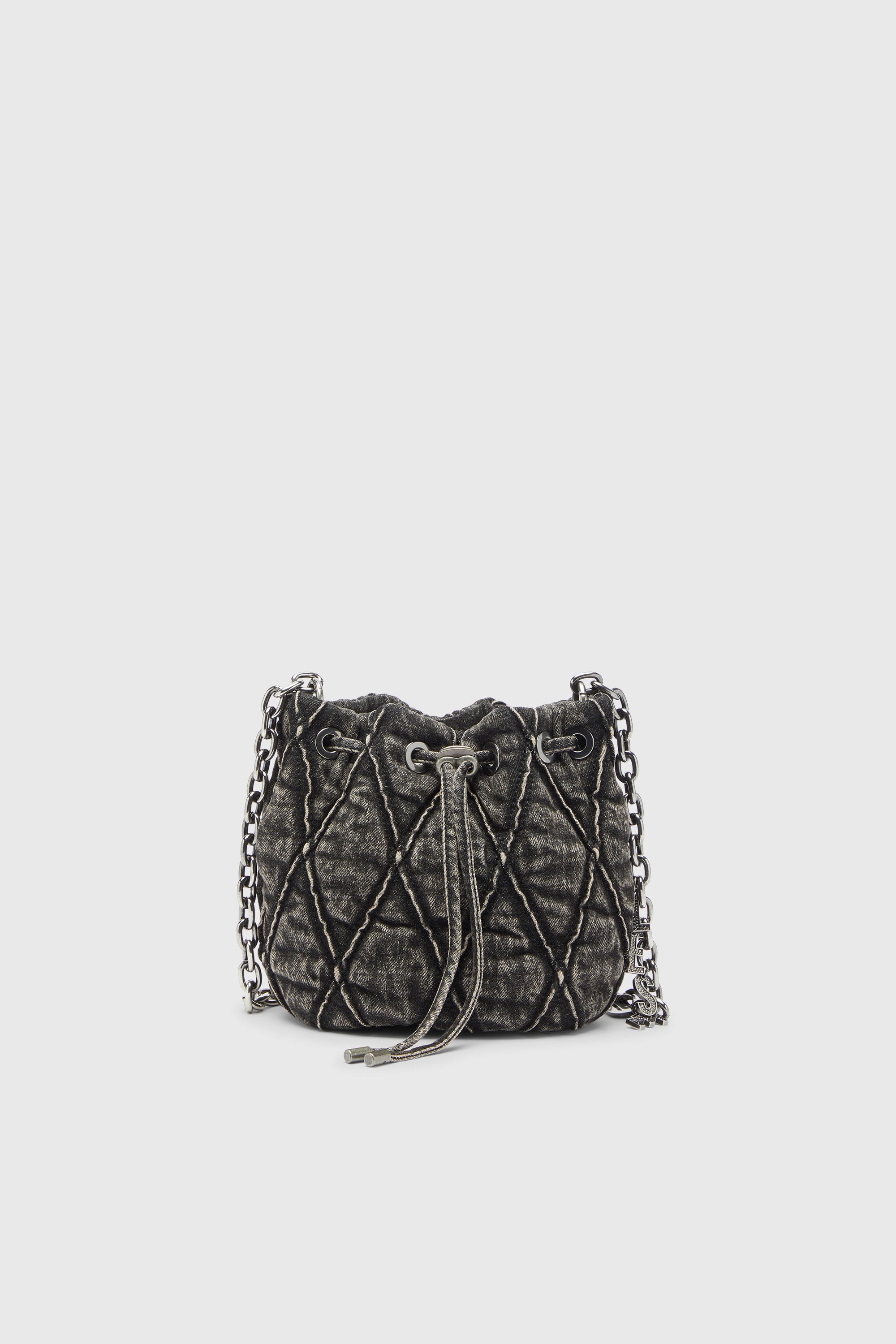 Diesel - CHARM-D BUCKET S, Woman's Charm-D - Bucket bag in acid-wash quilted denim in Dark grey - 1