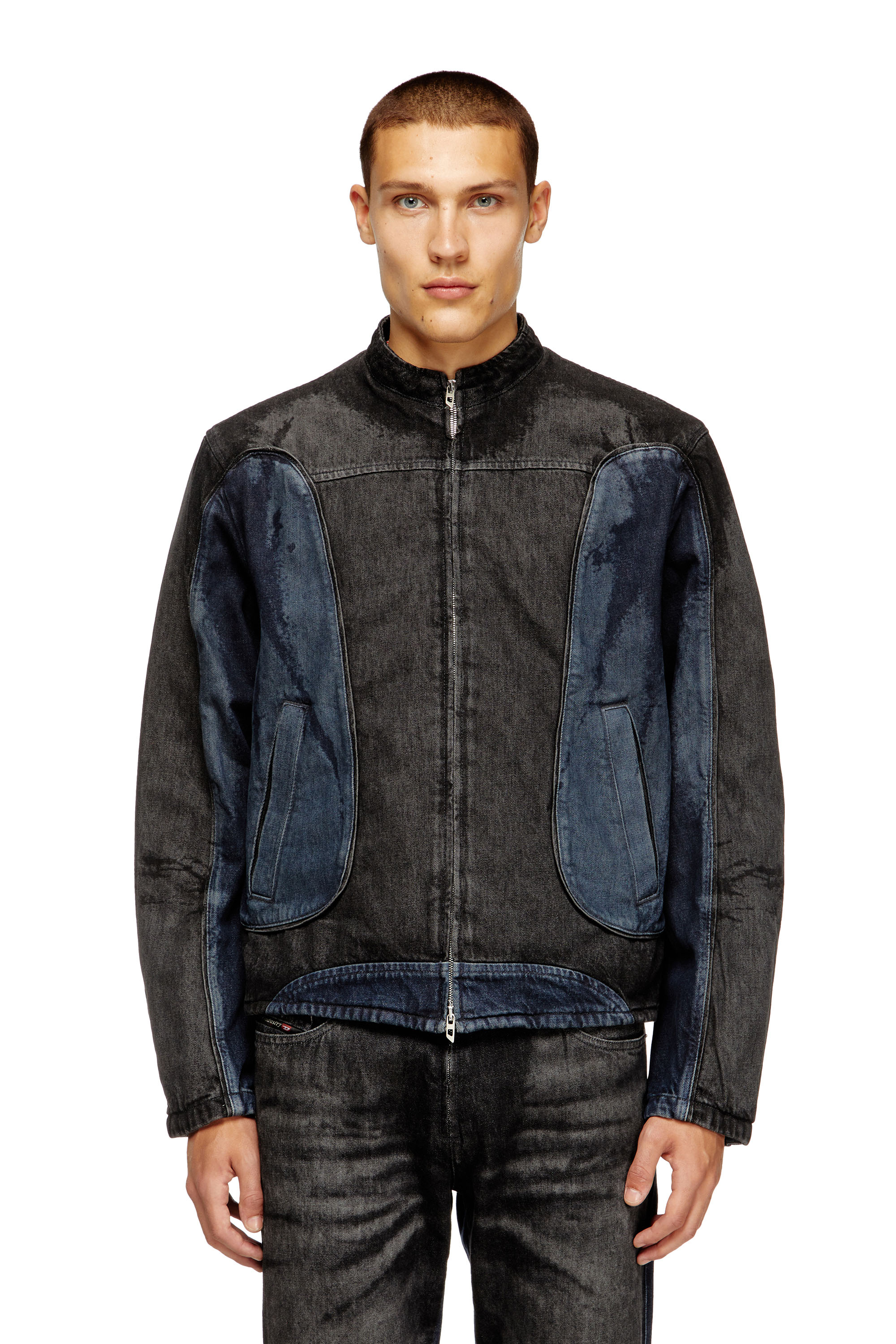 Diesel - D-BLENK-S, Male's Biker-style jacket in bicolour denim in Black/Blue - 1