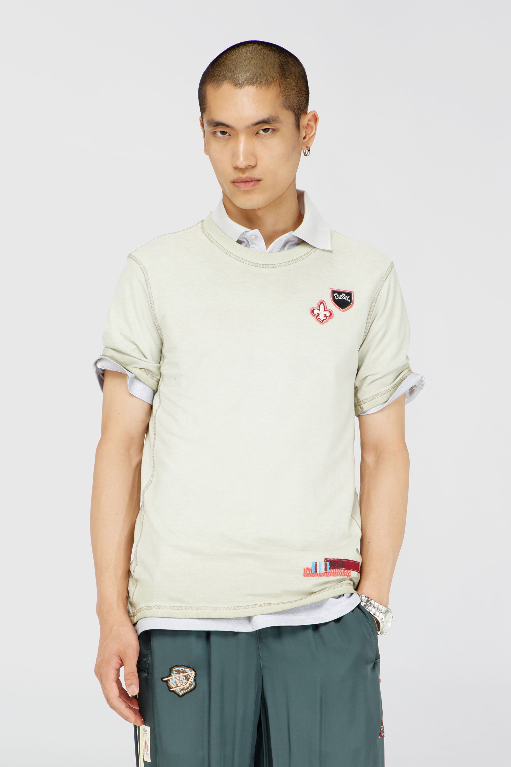 Diesel - T-BOWIE, Man's T-shirt with patches and microwaffle sides in Beige - 1