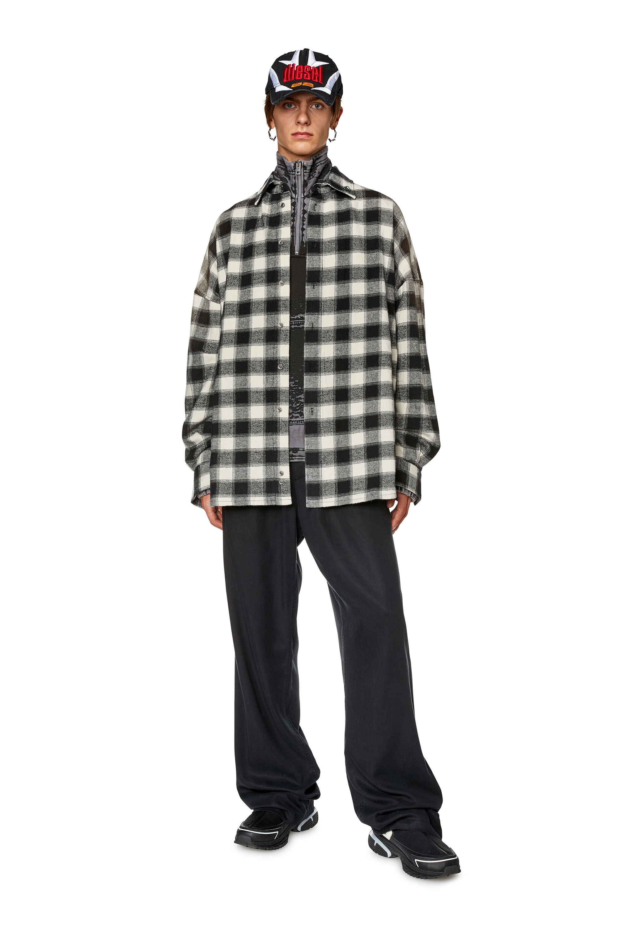 Diesel - S-LIMO-PKT, Man's Checked shirt with collar embroidery in Black/White - 1
