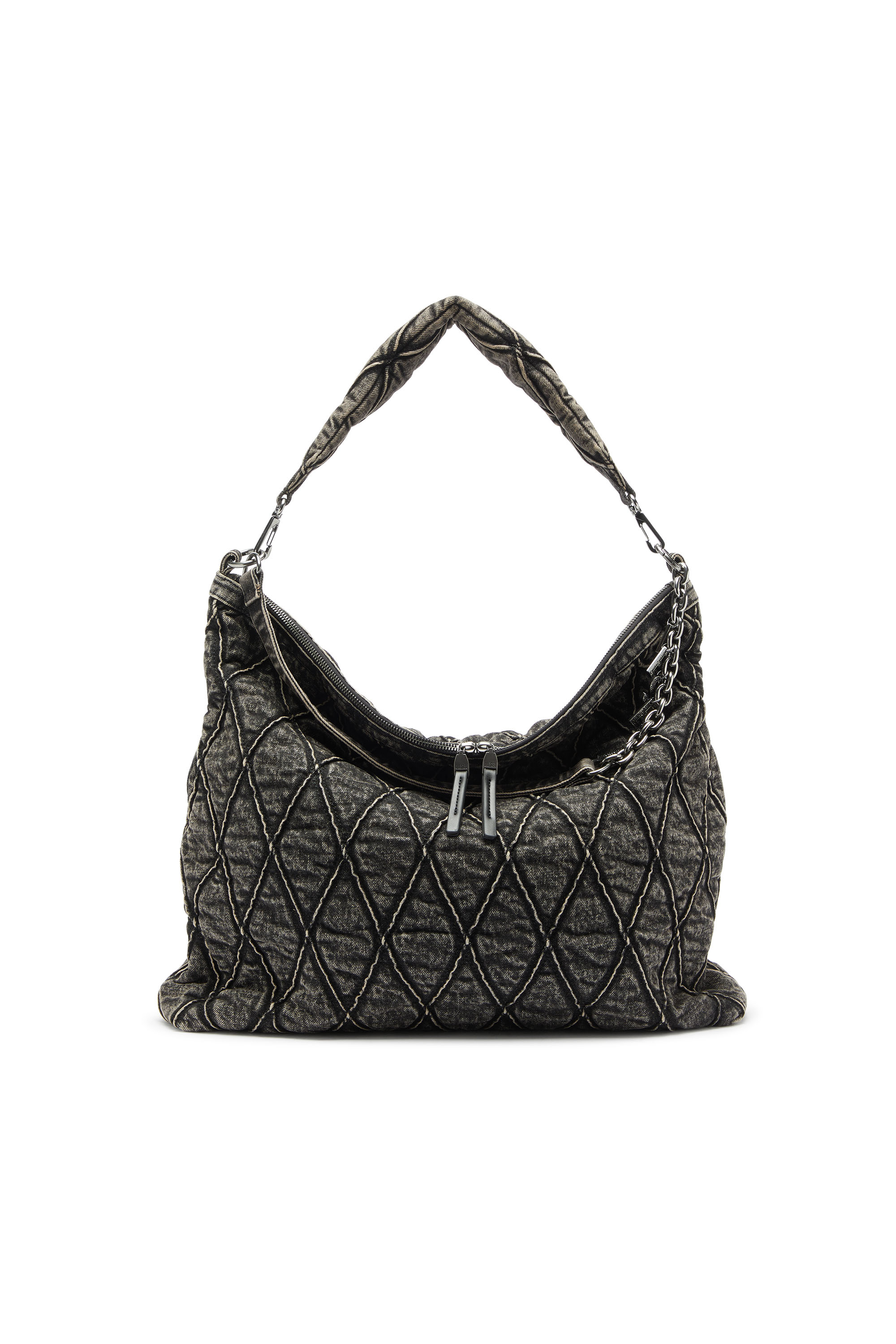 Diesel - CHARM-D HOBO, Woman's Charm-D - Hobo bag in acid-wash quilted denim in Dark grey - 1