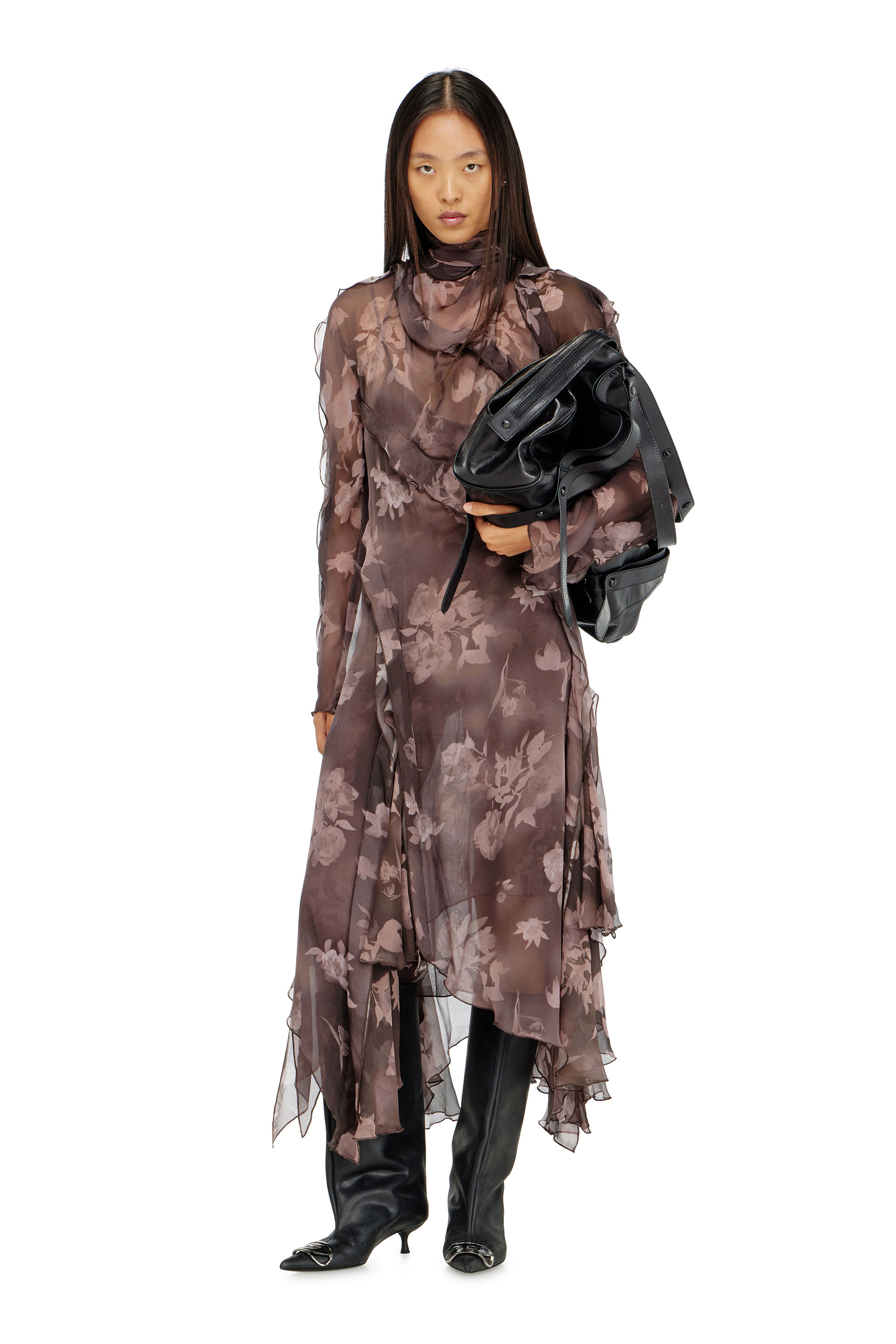 Diesel - D-RIADI, Female's Asymmetric midi dress in chiffon and silk-crepe in Brown - 1