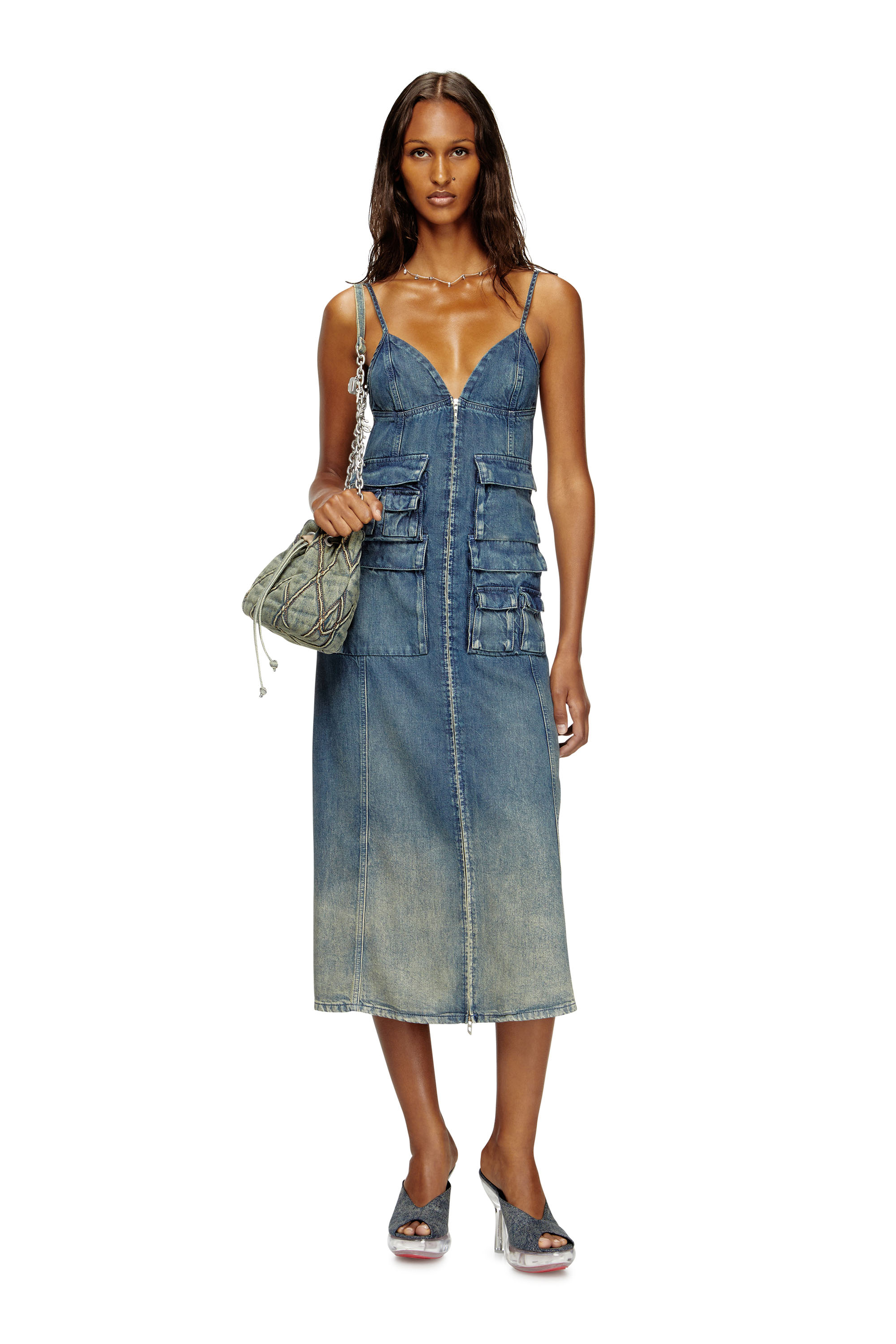 Diesel - DE-MELVI-S, Robe en denim fluide vieilli au laser Femme in Bleu - 1