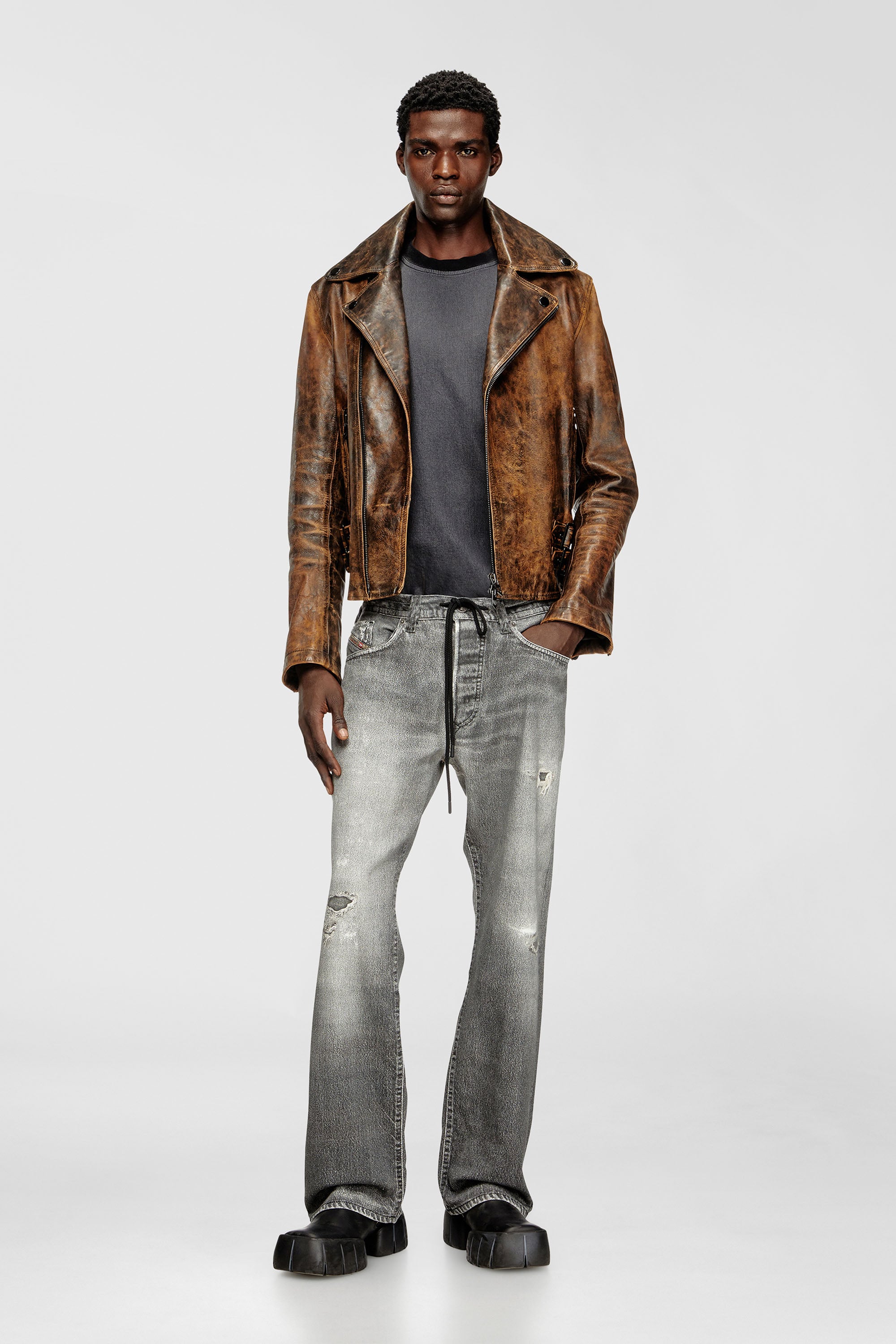 Diesel - L-EON, Man's Biker jacket in treated leather in Brown - 1