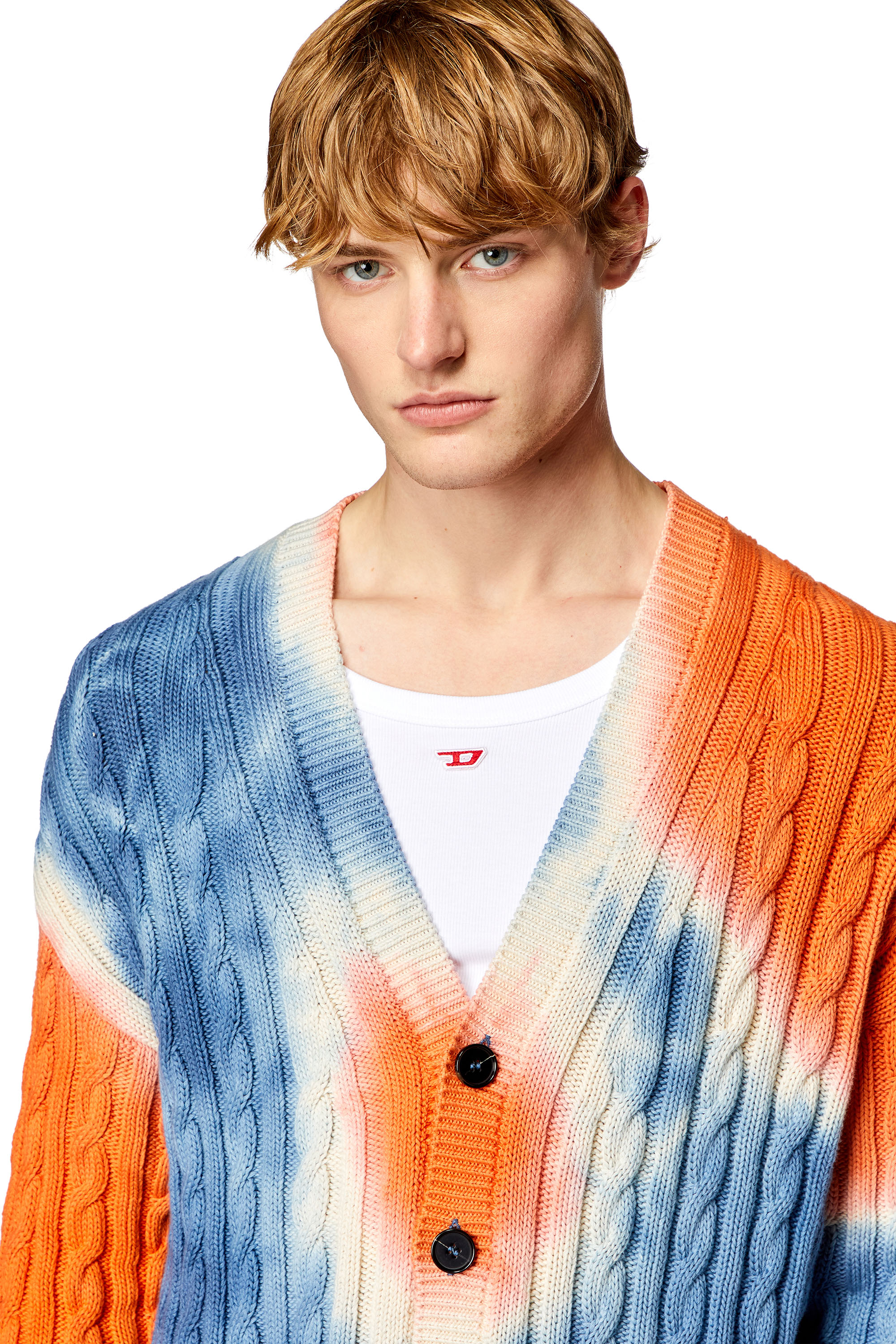 Diesel - K-JONNY, Man's Tie-dye cardigan in cable-knit cotton in Blue/Orange - 5