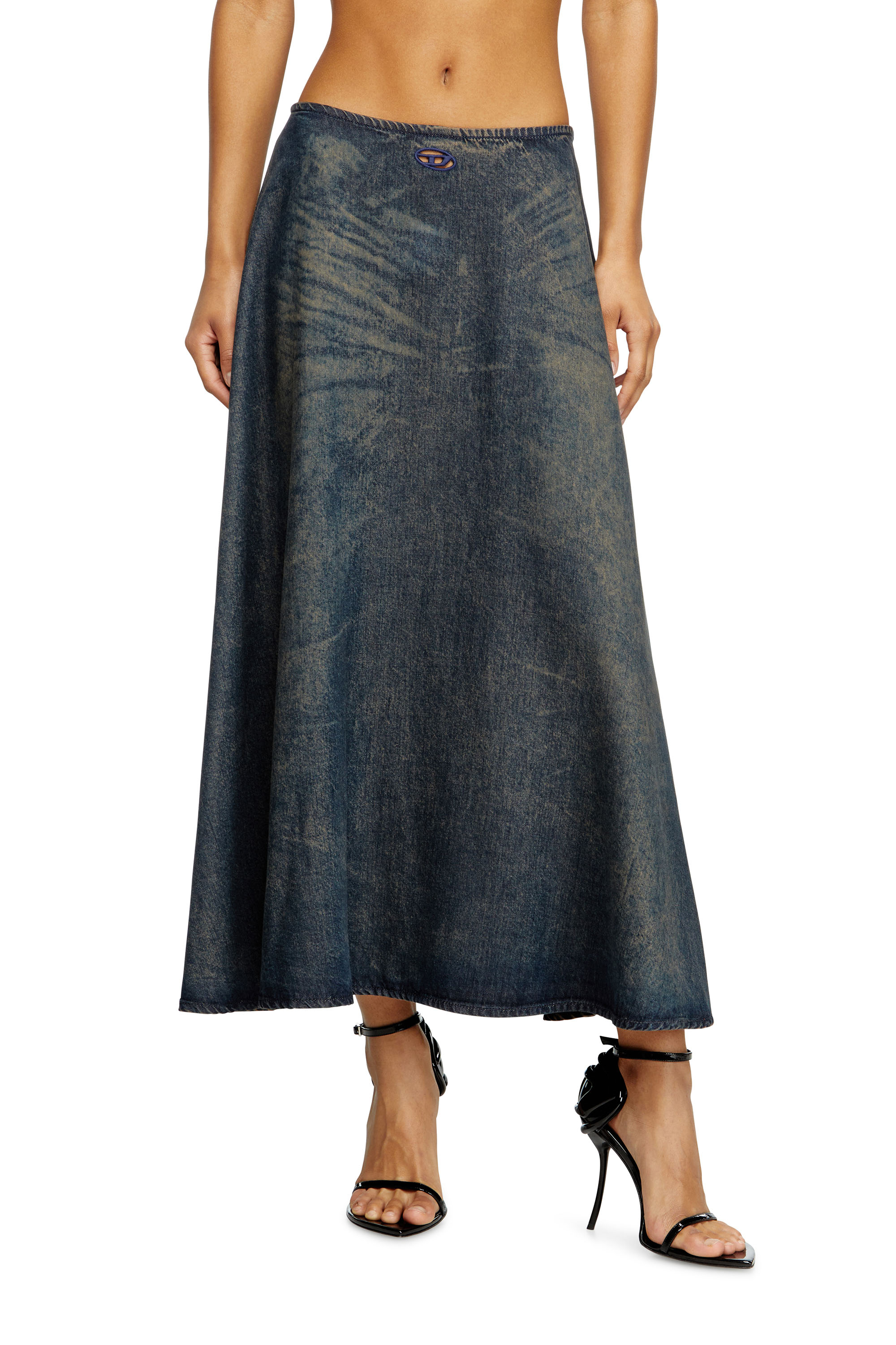 Diesel - DE-ANNIE-S, Woman's Full skirt in fluid dirt-effect denim in Blue - 1