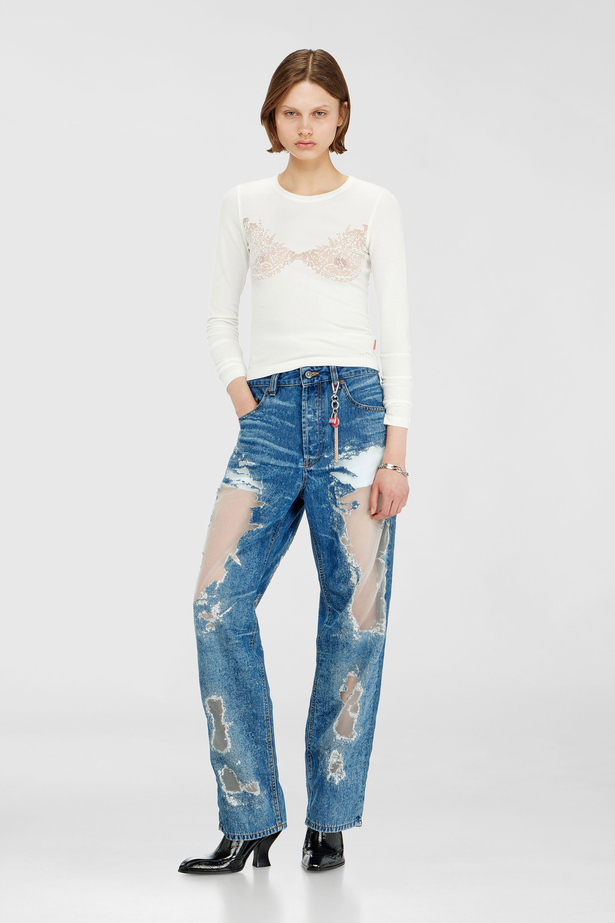 Diesel - PR-T-MOKKI-LS-R, Top con efecto de encaje devor&eacute; Mujer in Blanco - 1