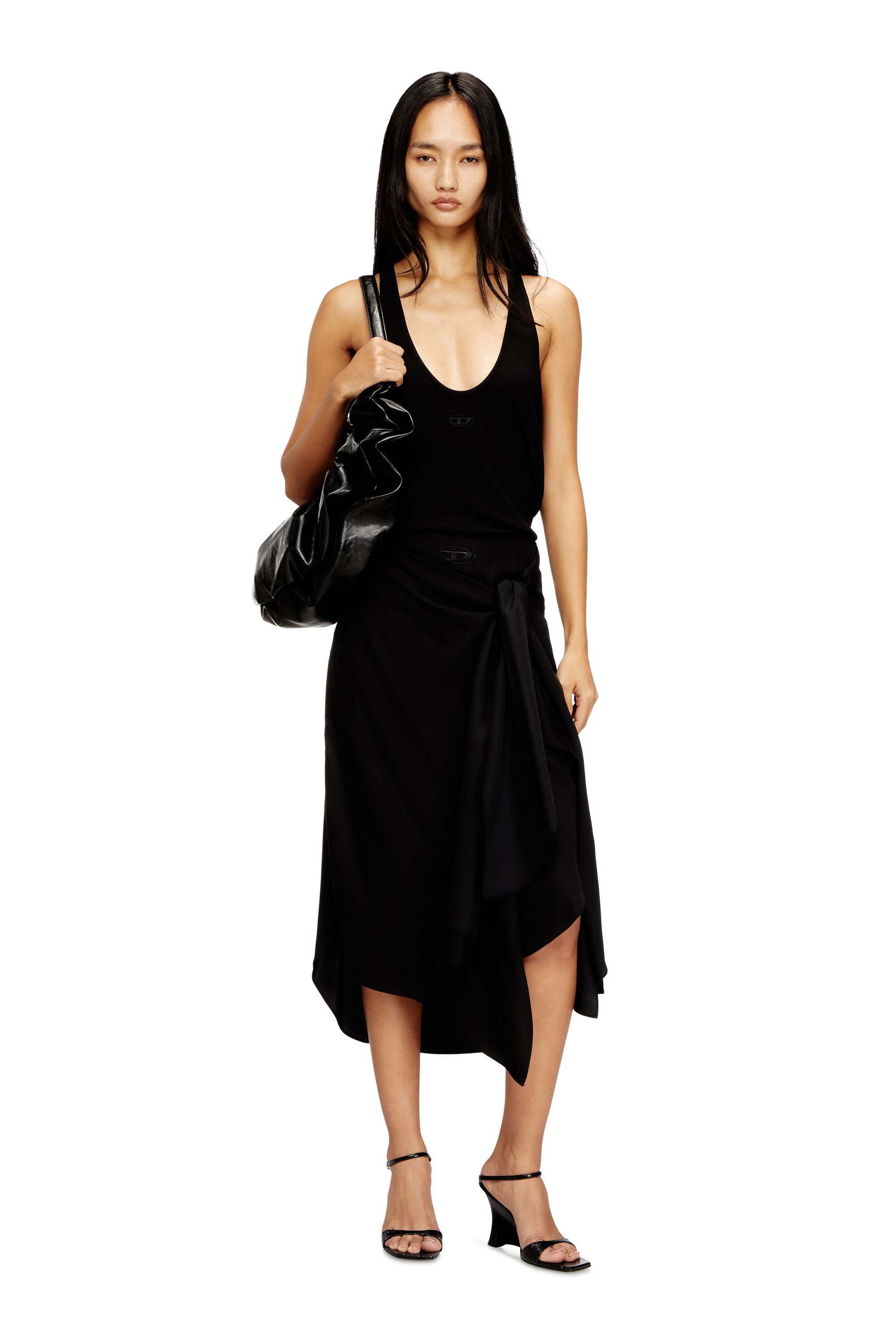 Diesel - O-TALI, Female's Skirt in fluid cupro with front knot in Black - 2