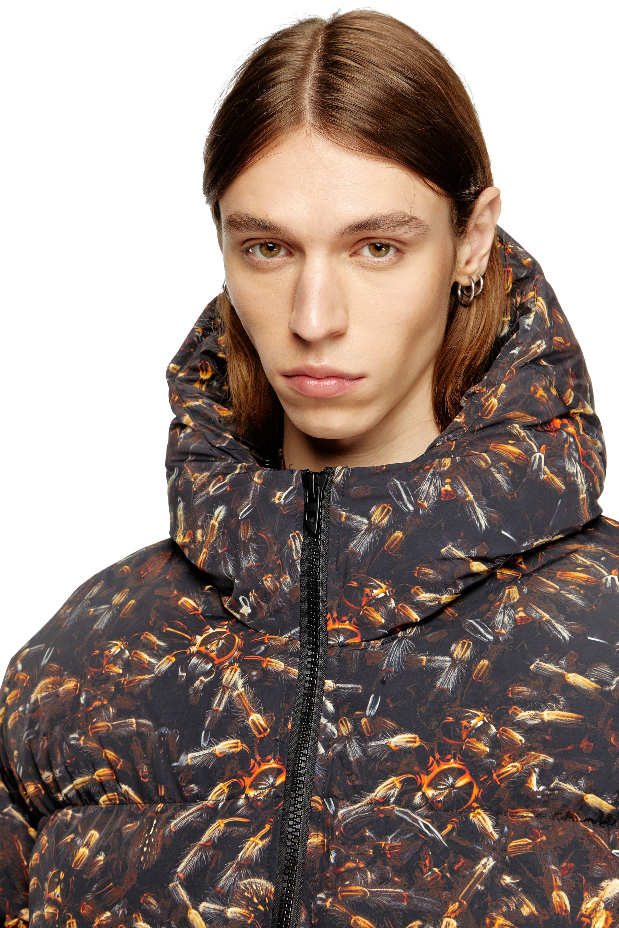 Diesel - W-SPIDER, Male's Hooded puffer jacket with spider print in Black/Brown - 4