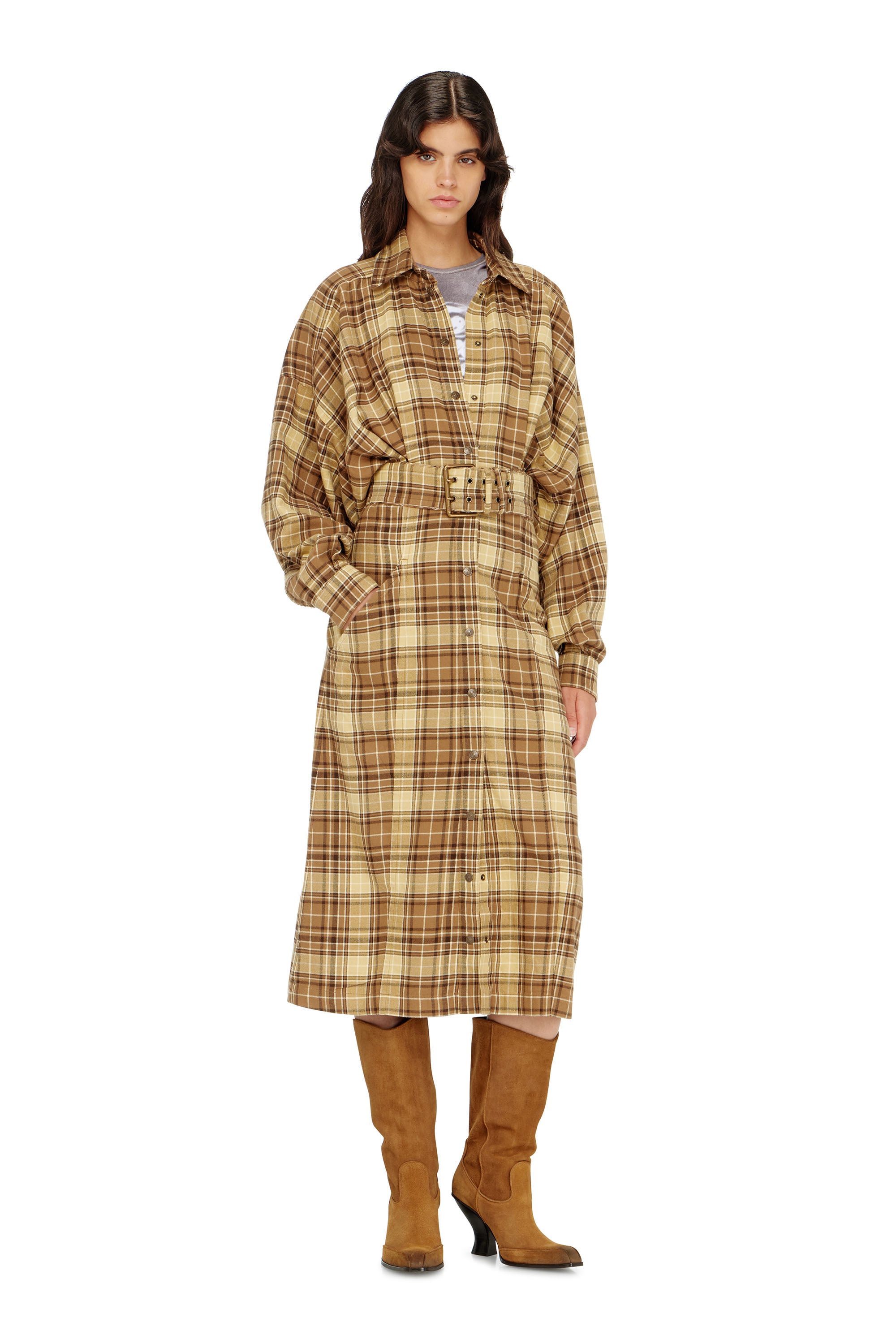 Diesel - D-EDALUS, Woman's Midi dress in check flannel with wide belt in Brown/Yellow - 2