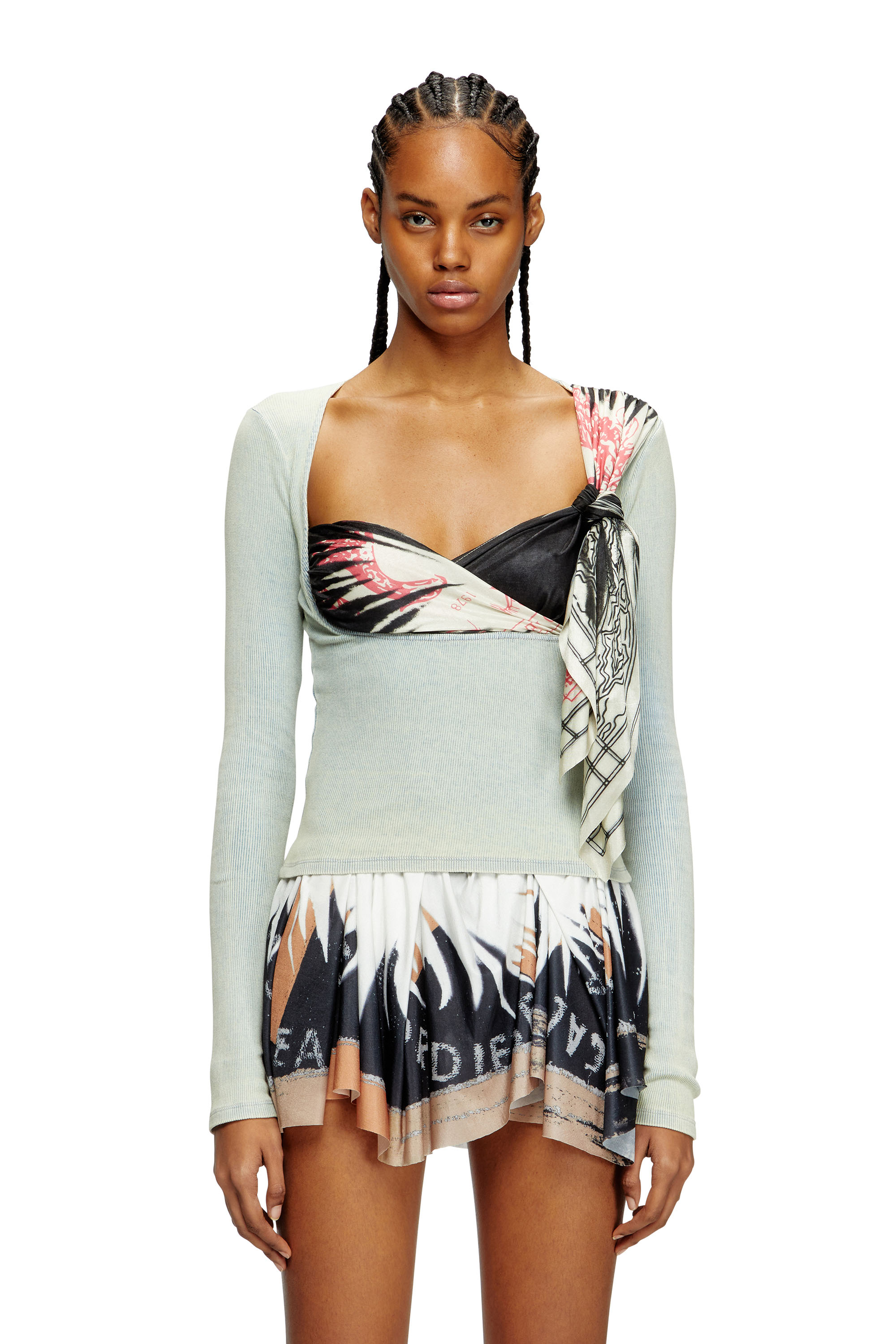 Diesel - T-LERYA, Woman's Rib top with draped bandana bust in Blue/White - 3