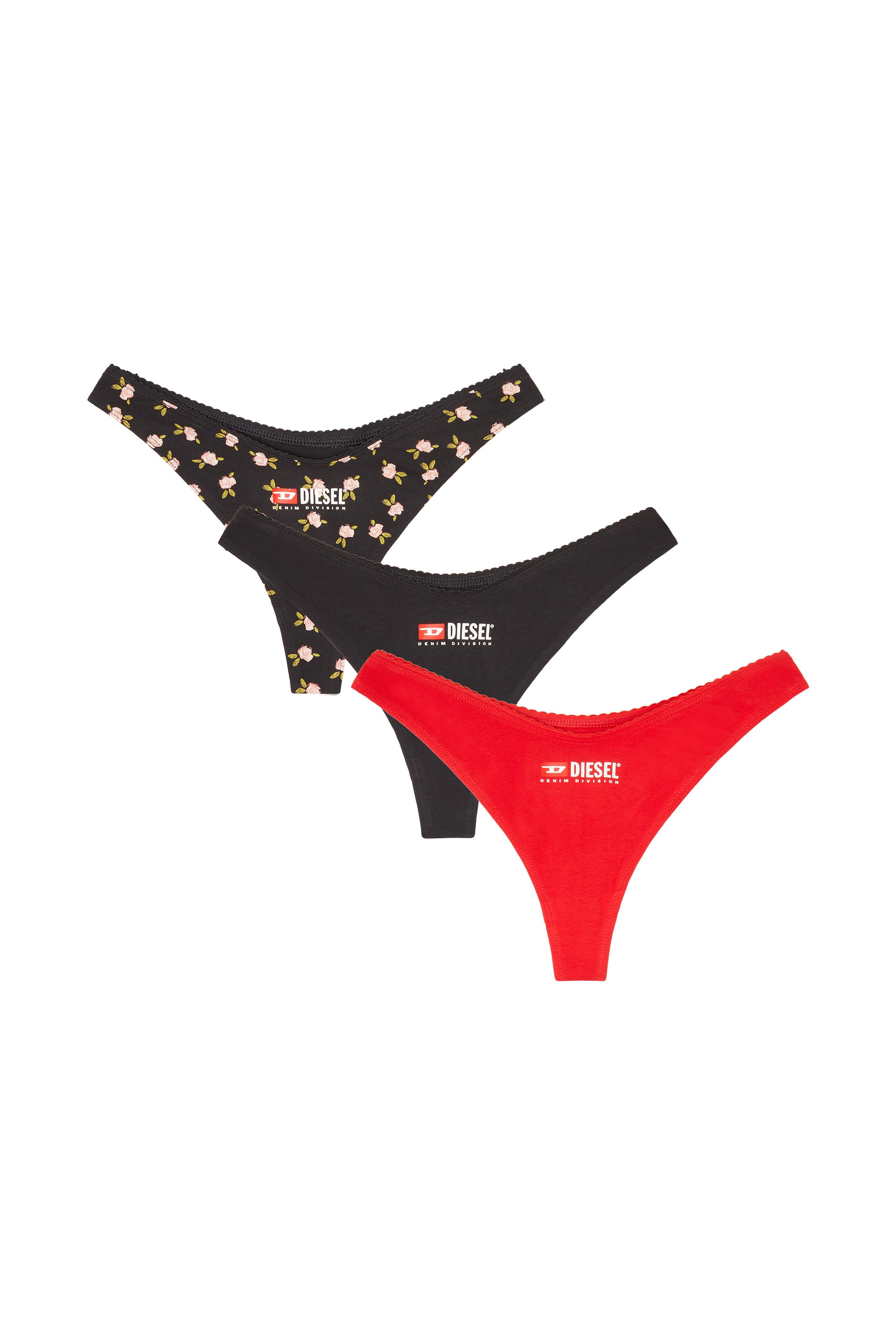 Diesel - PUNCHY-D-CORE-3PACK, Pack de 3 tangas de algod&oacute;n stretch con estampado floral Mujer in Negro - 1