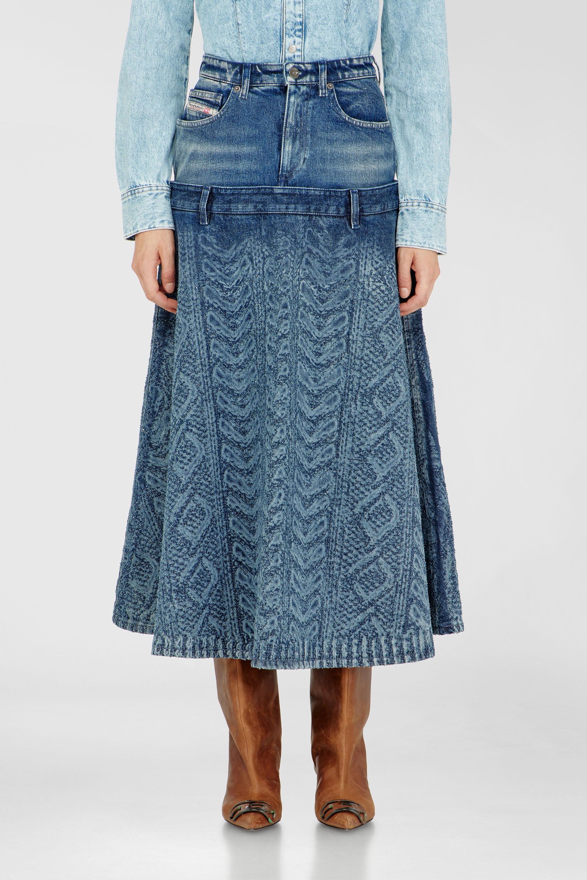 Diesel - DE-VORYA-S1, Female's Midi skirt in cable-knit-effect denim in Medium Blue - 1