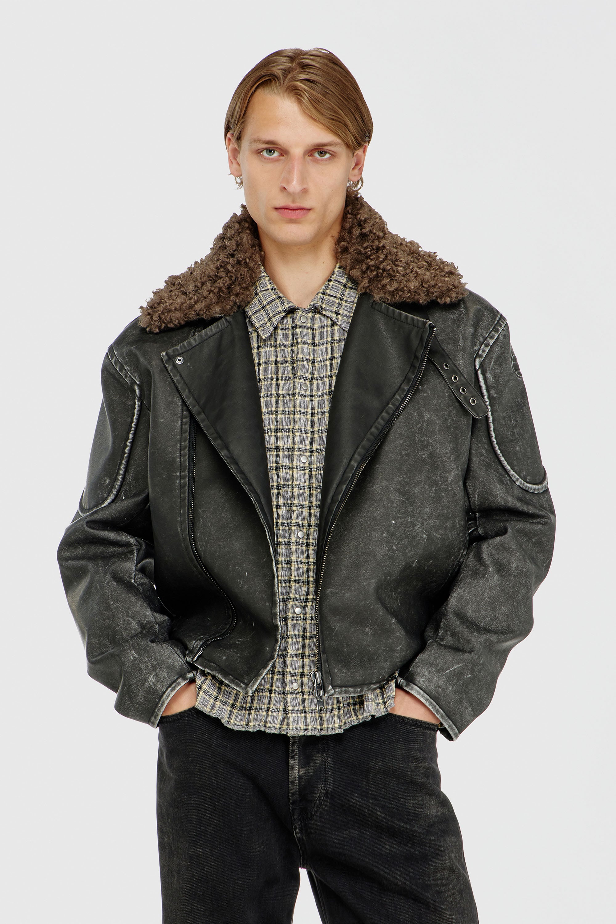 Diesel - W-ALEX, Veste biker avec col amovible Homme in Gris - 1