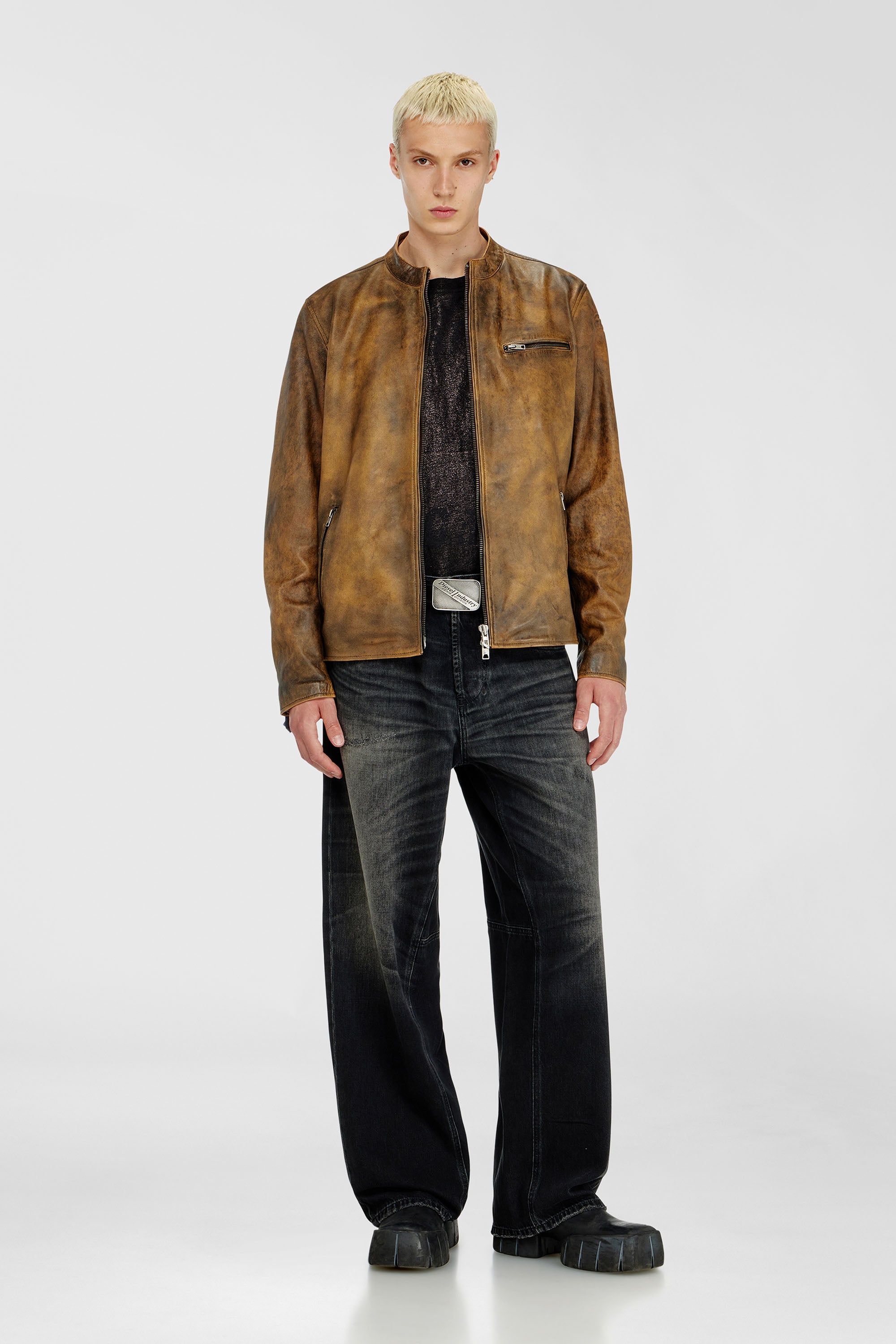 Diesel - L-ZAD-KNCZ, Male's Biker jacket in treated leather in Light Brown - 2