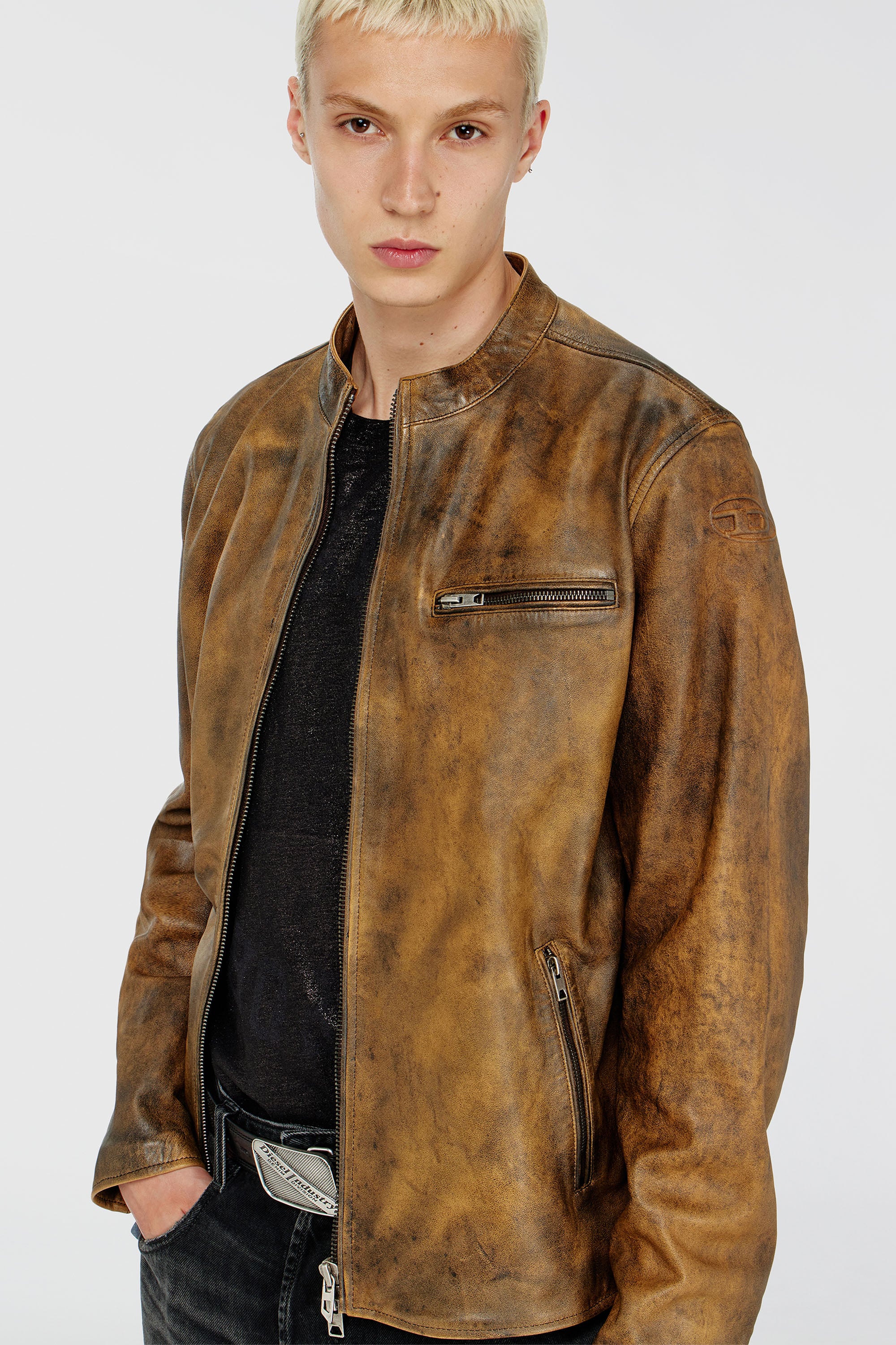 Men's Biker jacket in treated leather | Brown | Diesel US