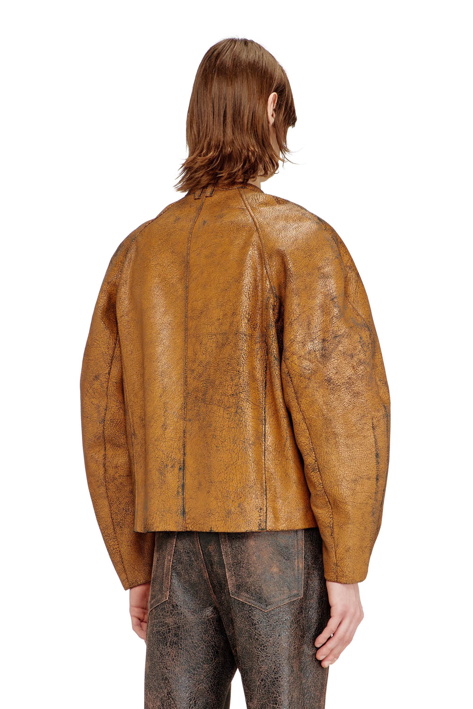 Diesel - L-NURI, Man's Cocoon-sleeve biker jacket in cracked leather in Brown - 5