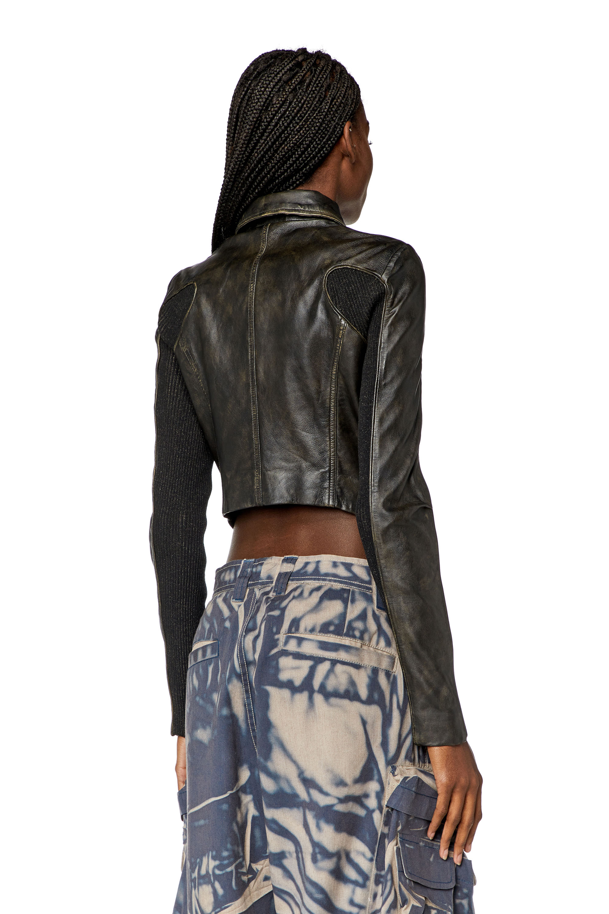 Diesel - L-TOTEM, Woman's Cropped leather jacket with knit panels in Black/Brown - 5