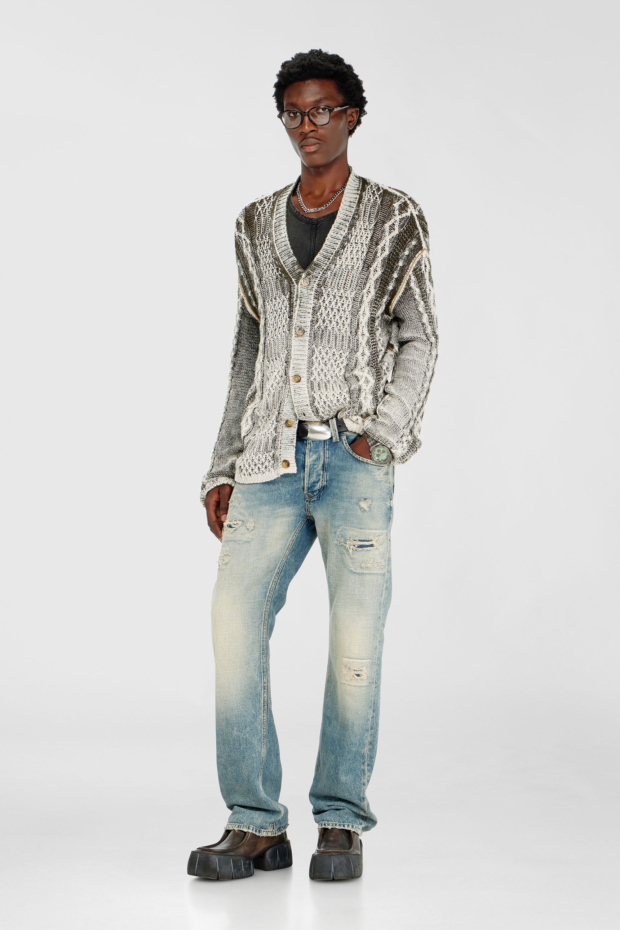 Diesel - K-MIOTO, Male's Treated cable-knit cardigan in White/Grey - 2