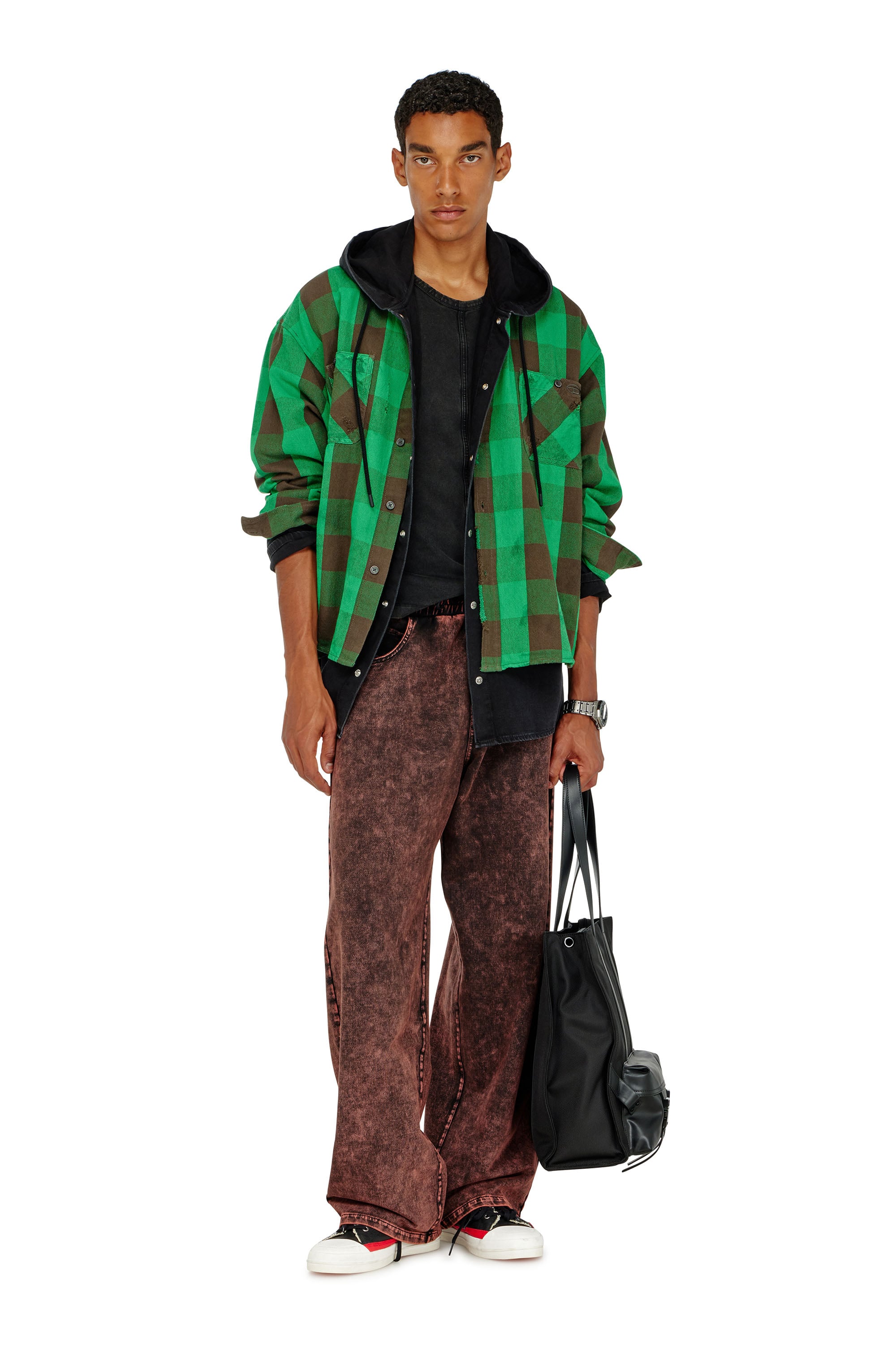Diesel - S-DRUM, Man's Check flannel shirt with distressed effect in Brown/Green - 2