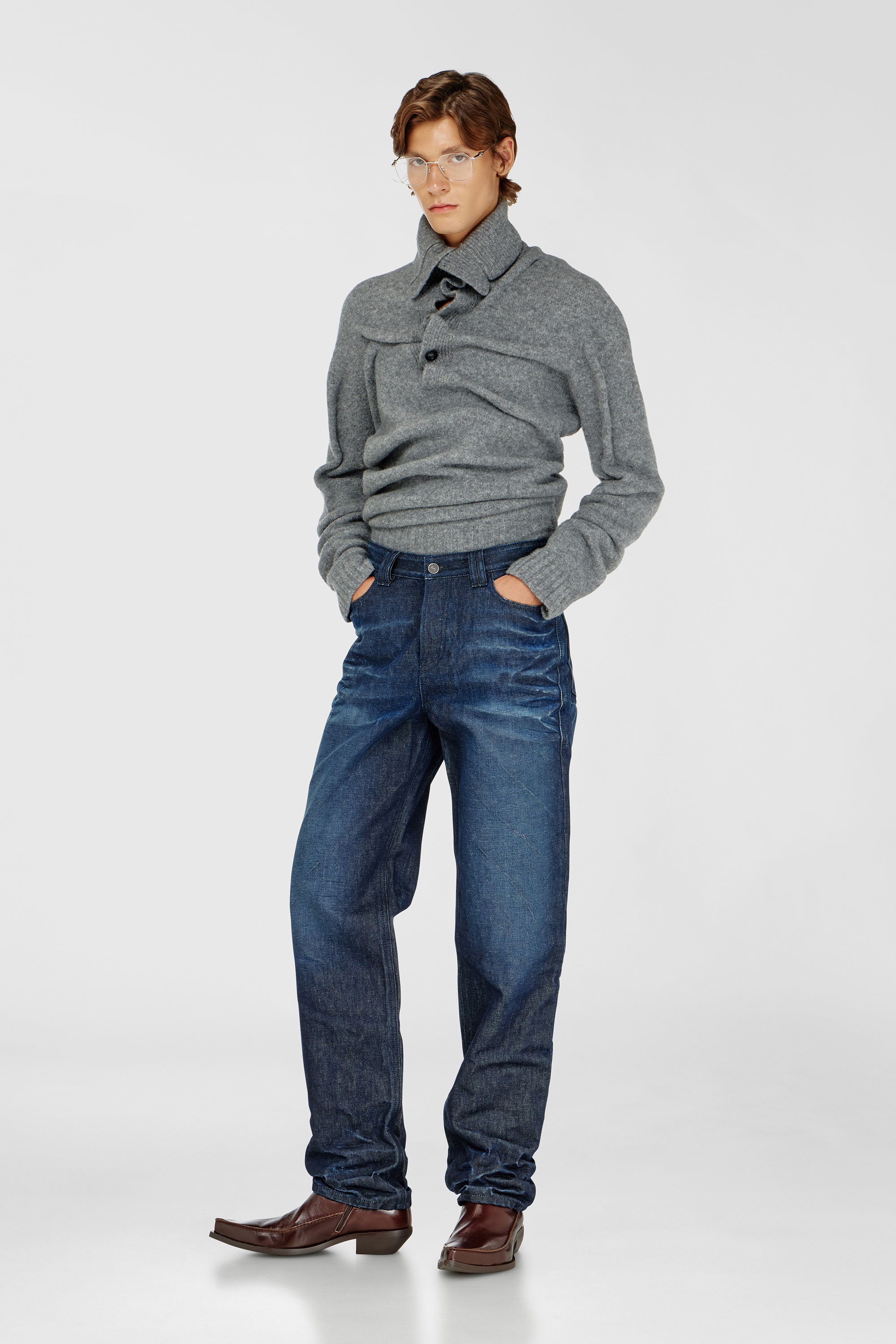 Diesel - K-ANDREW, Male's Button-neck jumper in wrinkled boiled knit in Grey - 1