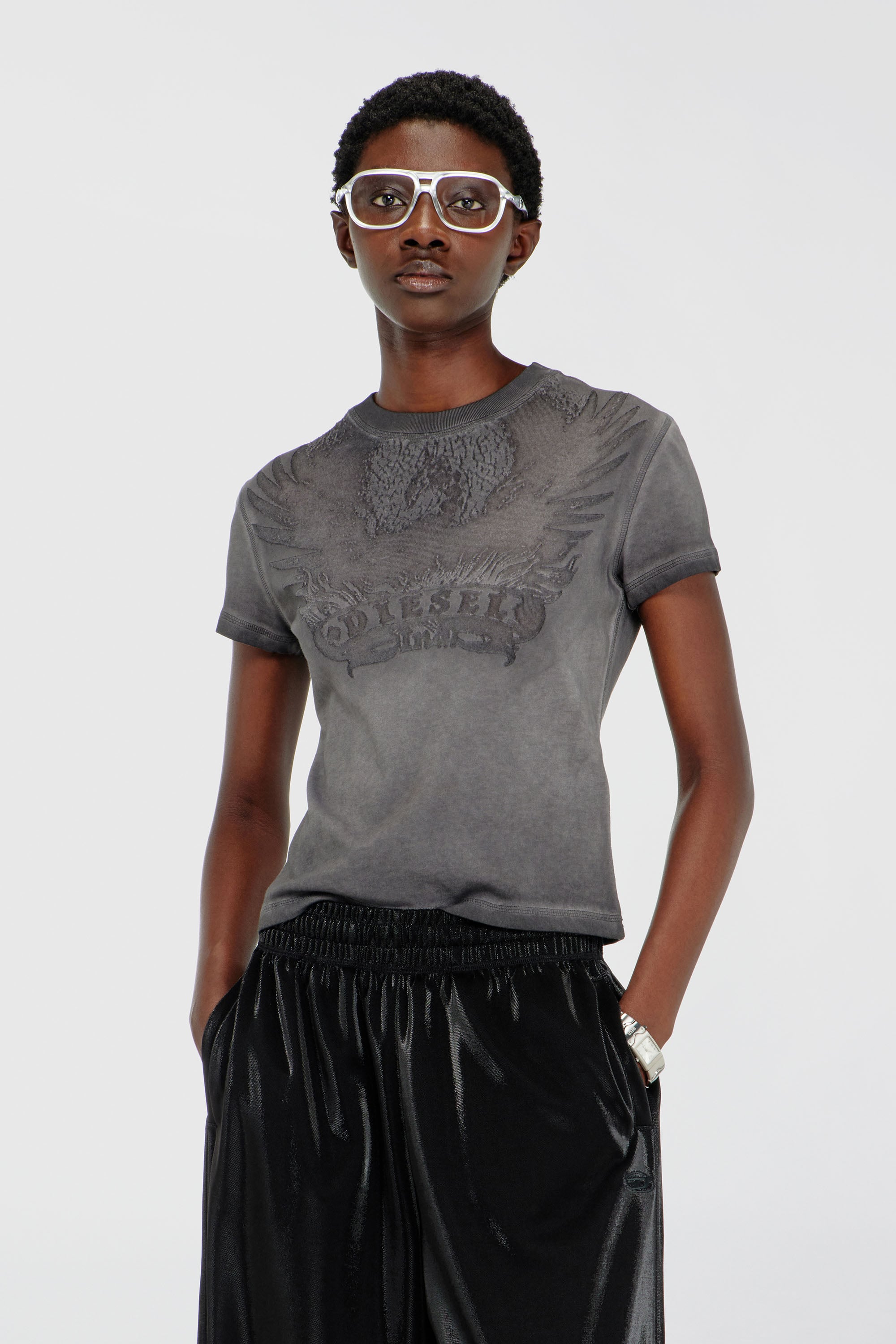 Diesel - T-ILA-AA7, T-shirt slim avec d&eacute;vor&eacute; Phoenix Femme in Gris - 3