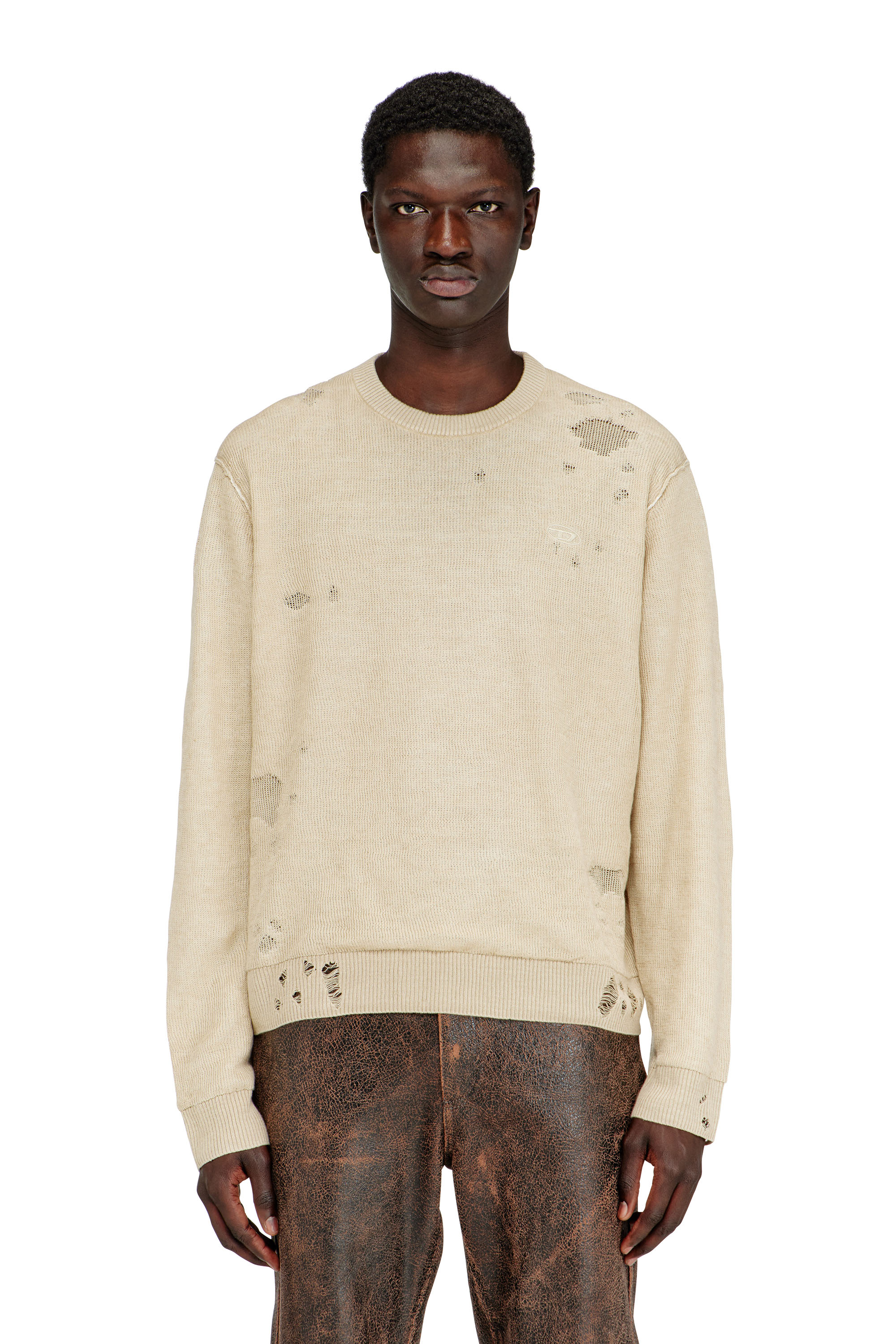 Diesel - K-DAIANAS, Male's Destroyed linen jumper in Light Brown - 1