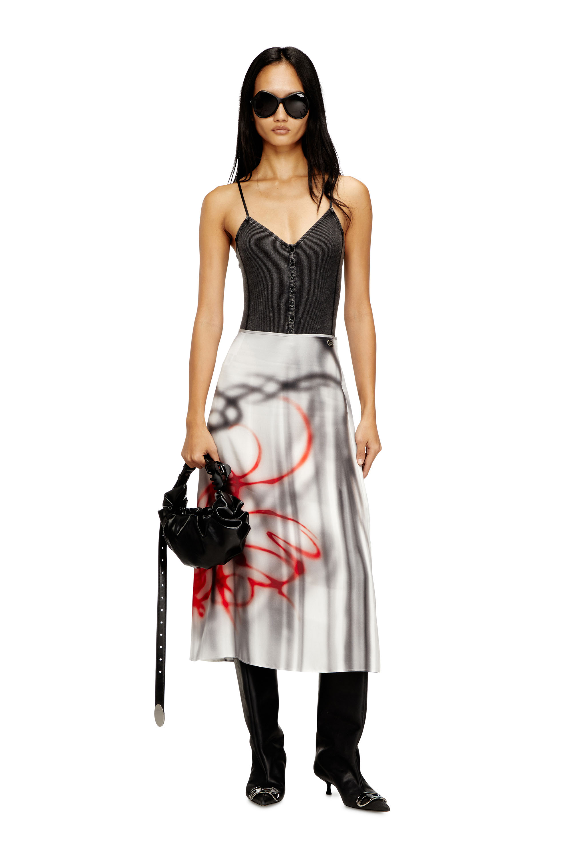 Diesel - O-RCHID-S1, Female's Satin midi skirt with graffiti print in Grey - 2