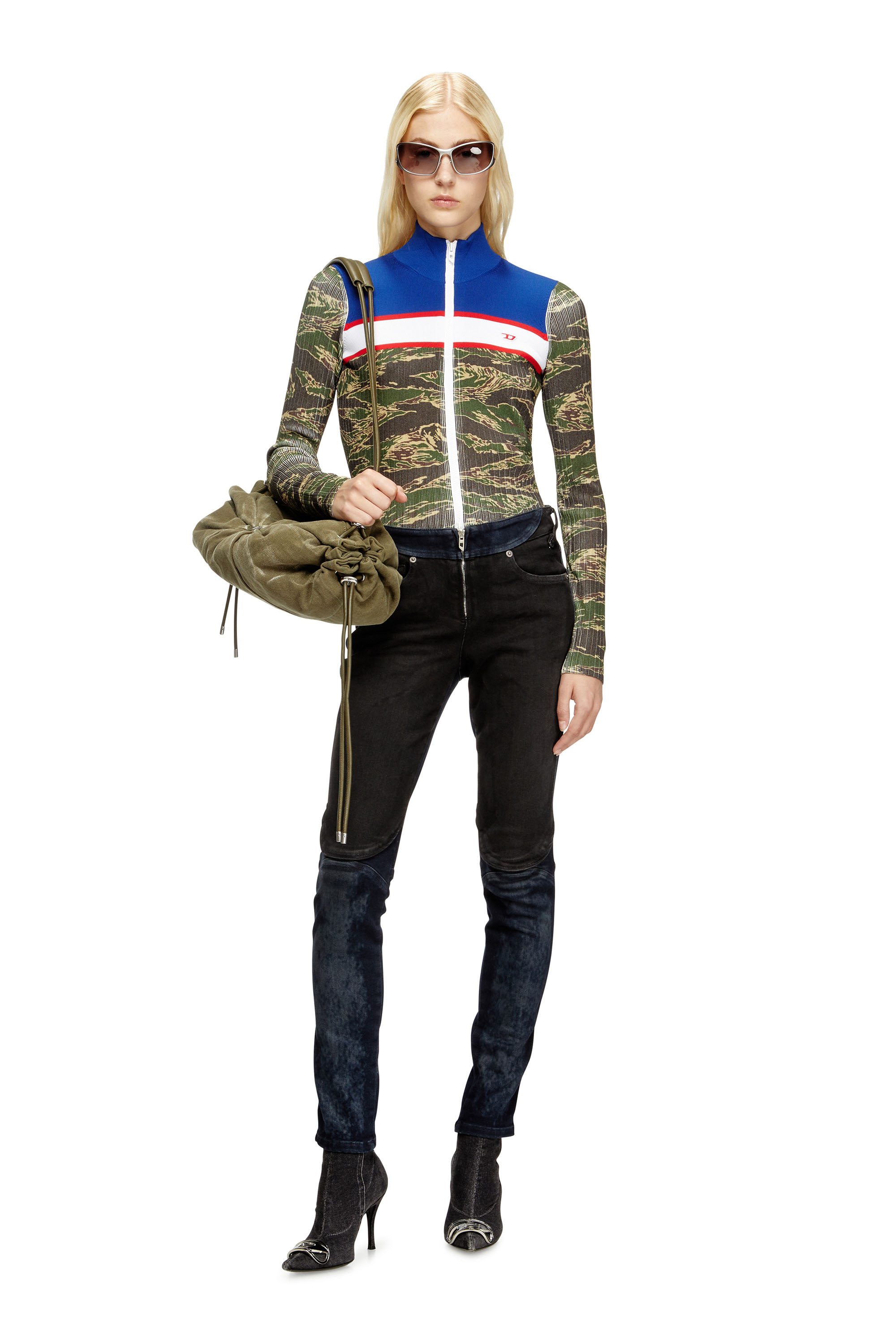Diesel - M-CAMUT, Woman's Camo zip sweater in ribbed viscose in Blue/Green - 2