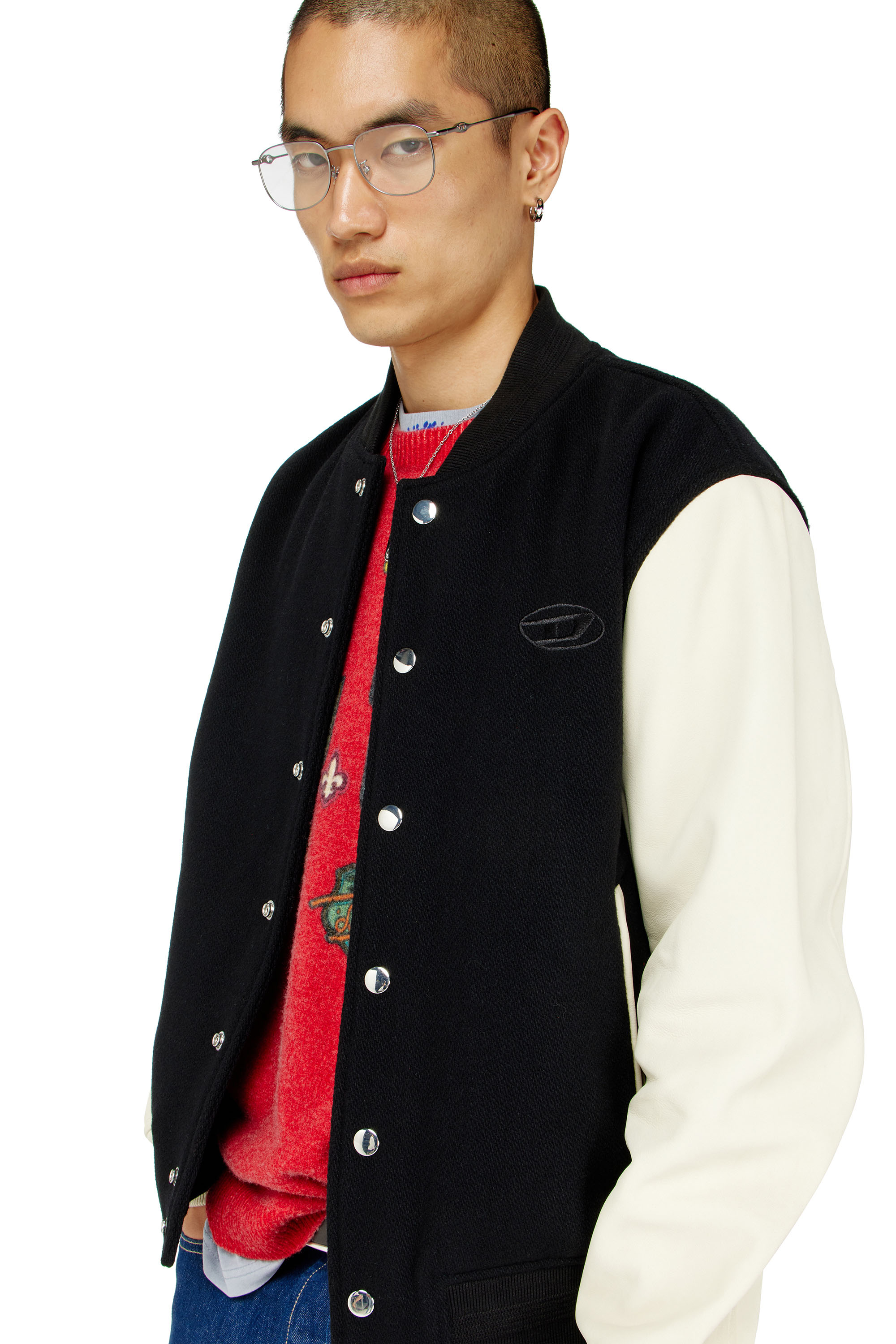 Diesel - L-ARRY-WRD, Man's Bomber jacket in wool blend and leather in Black/White - 4
