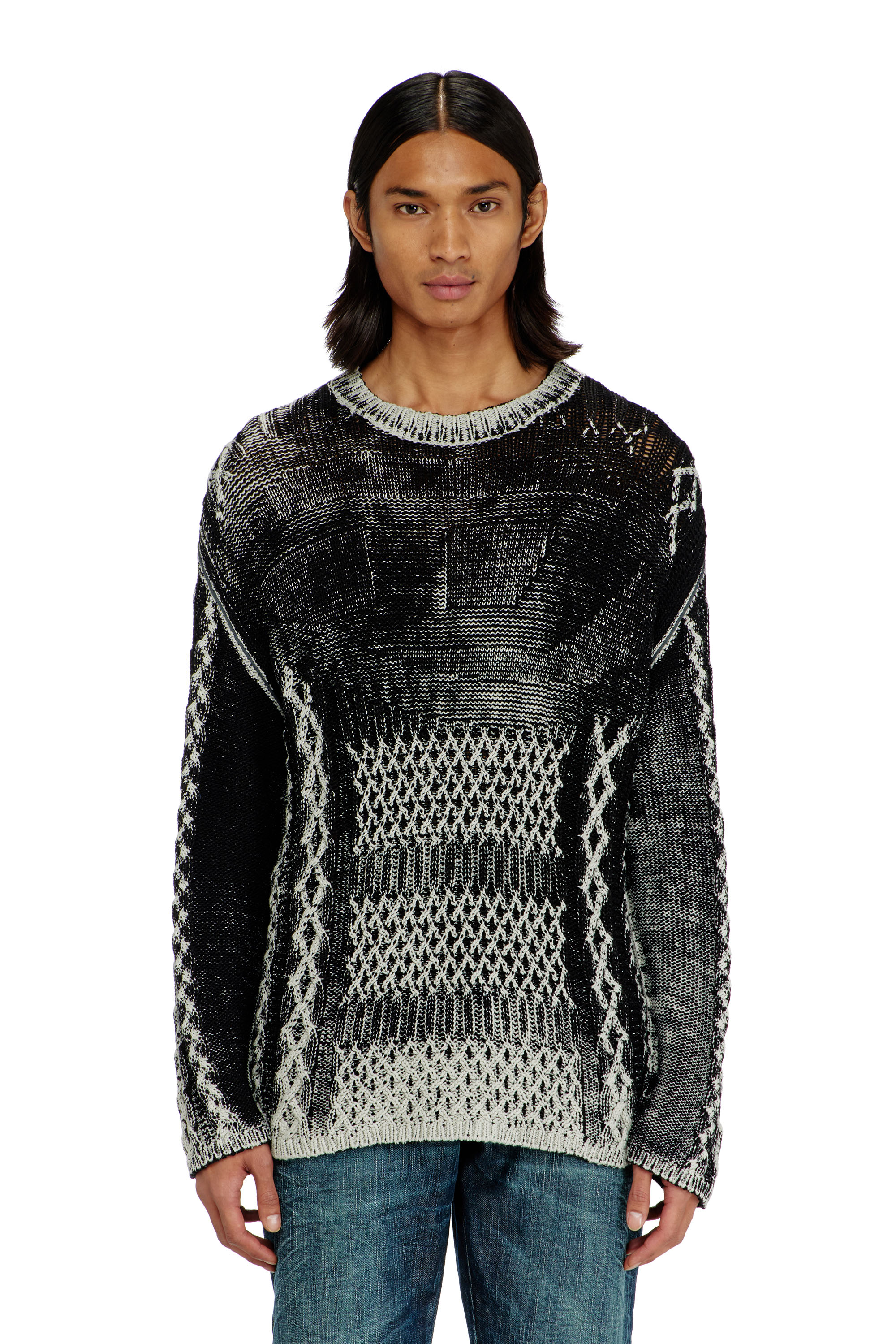 Diesel - K-MIONE, Male's Treated cable-knit jumper in Grey/Black - 1