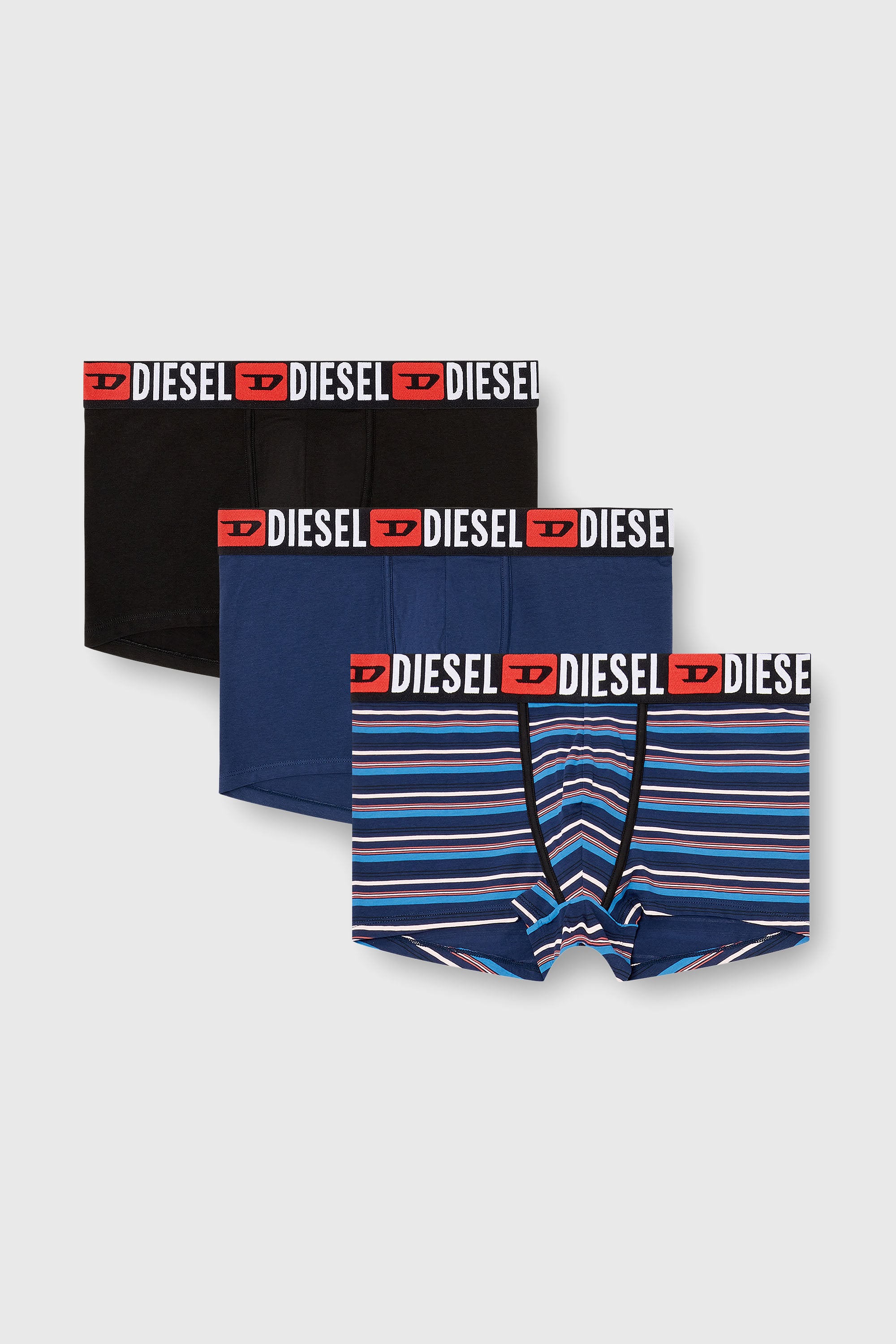 Diesel - UMBX-DAMIENTHREEPACK, Male's 3-pack of stretch cotton trunks with stripes in Blue/Black - 1