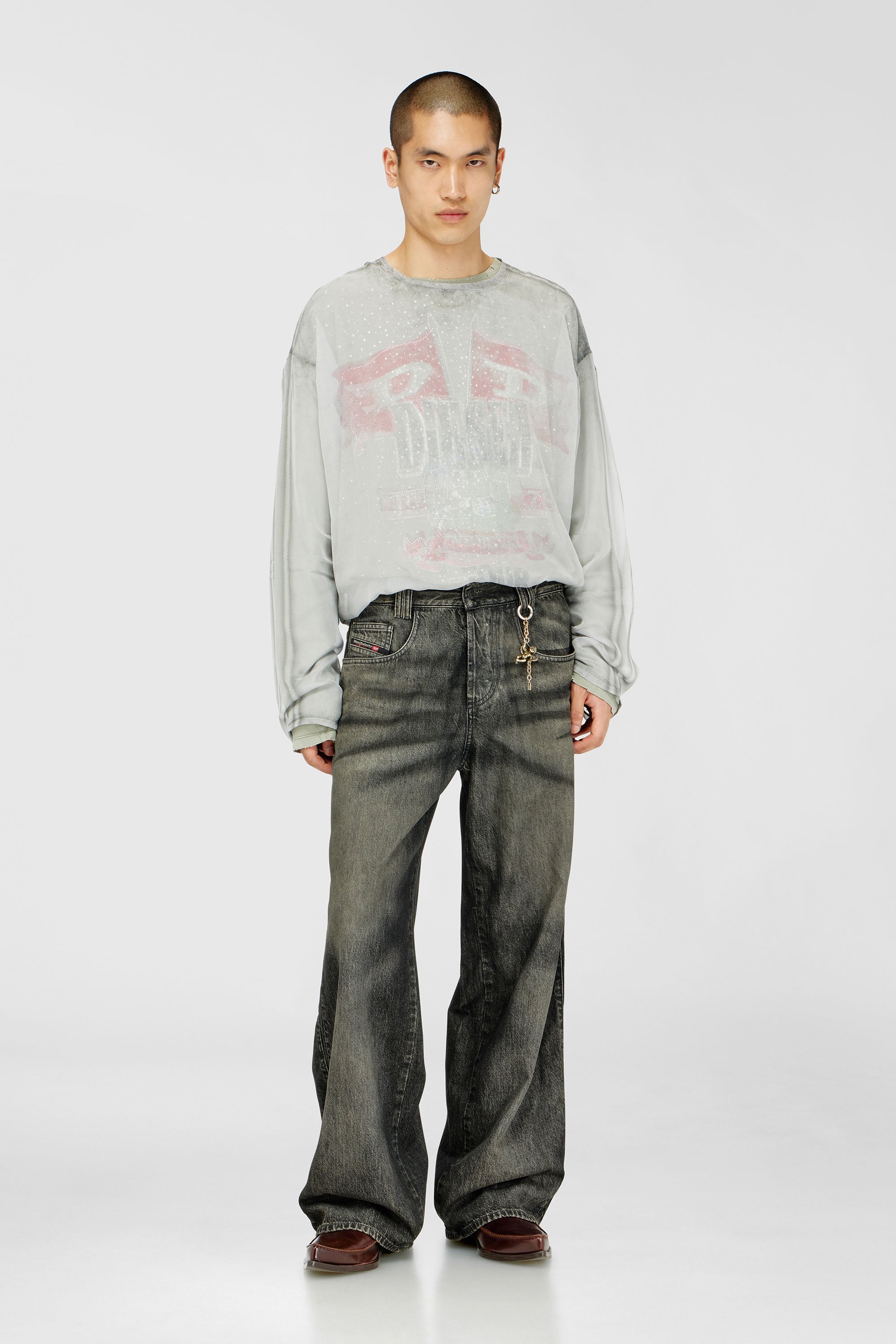 Diesel - T-DOUBLEX-LS, Man's Sheer chiffon top with concert graphics in Light Grey - 2