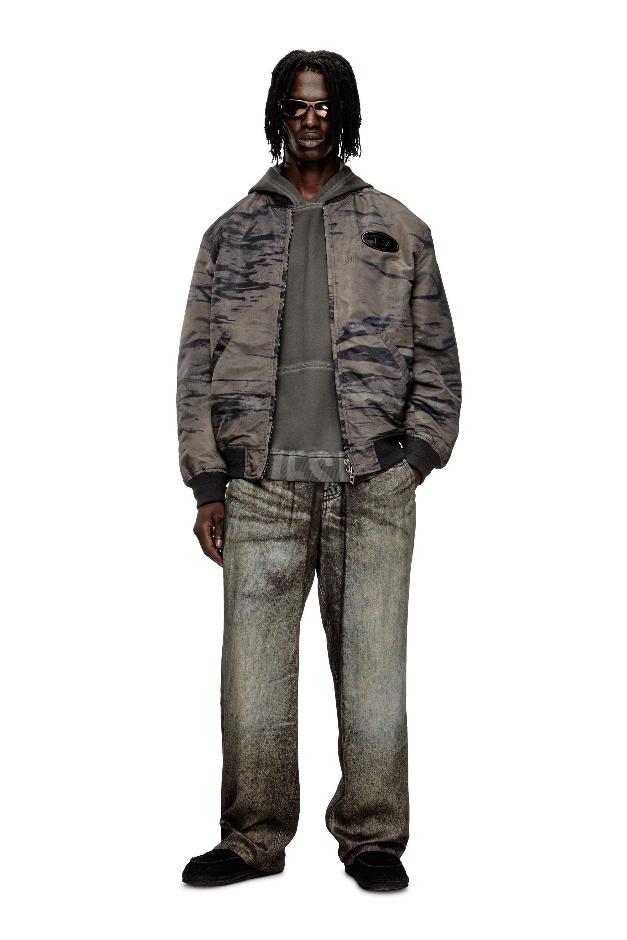 Diesel - J-KEPES-DLBZ, Male's Padded bomber jacket in printed satin in Black/Grey - 2