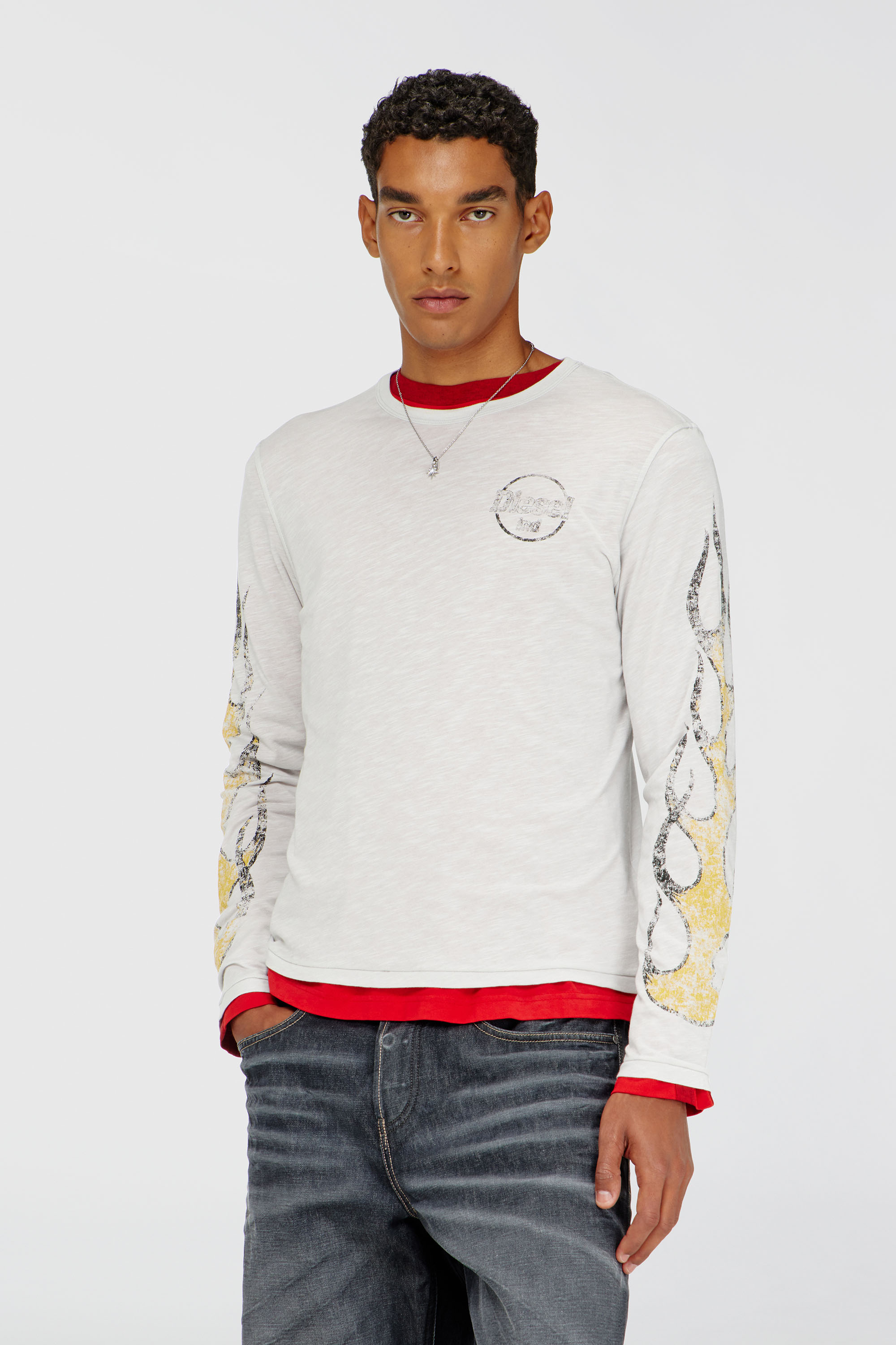 Diesel - T-NOTS-LS, Man's Long-sleeve T-shirt in slub jersey with crack print in White - 3